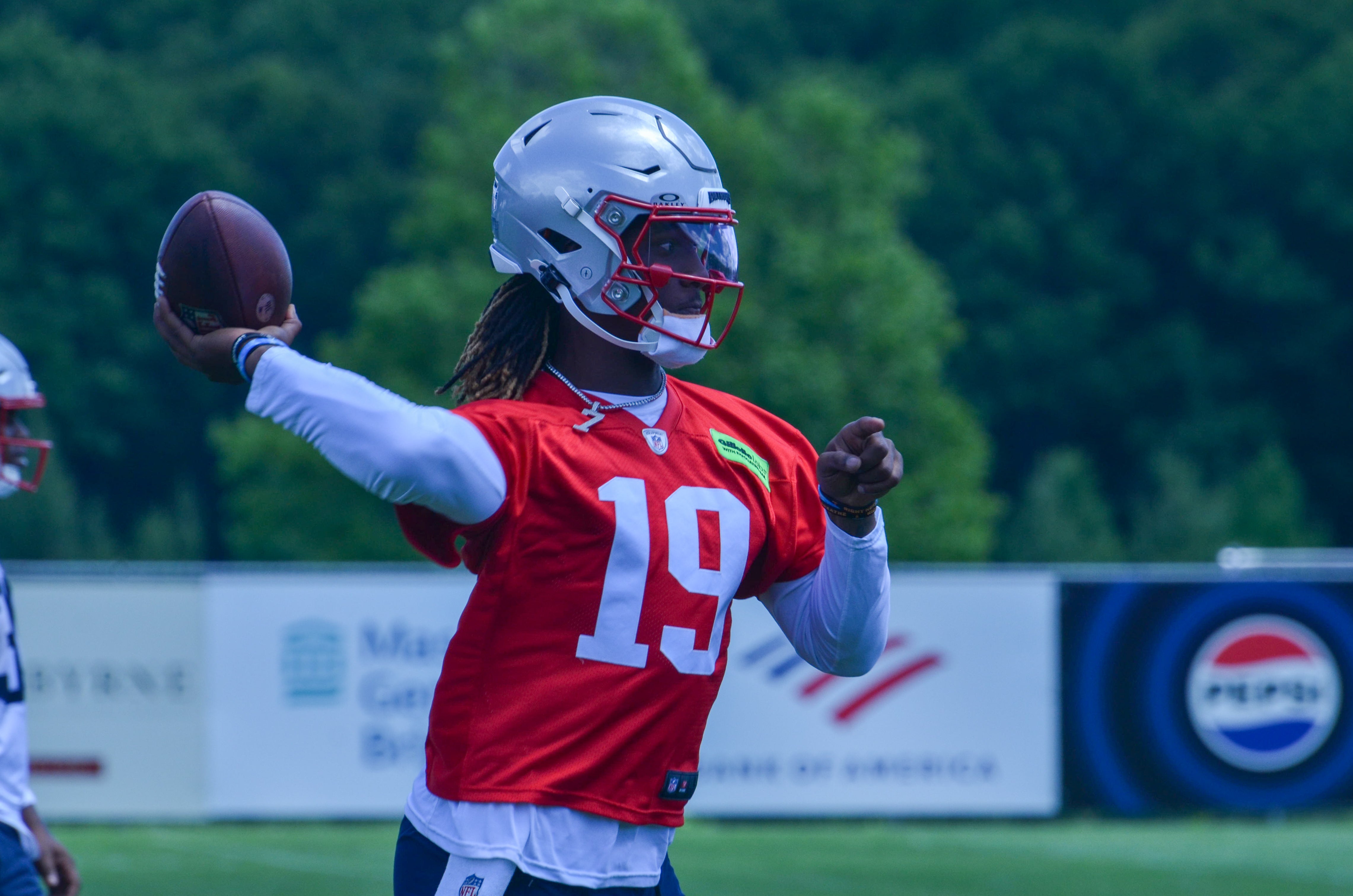 Patriots QB Joe Milton III throws the ball at the first day of Mandatory Minicamp at Gillette Stadium - June 10, 2024
