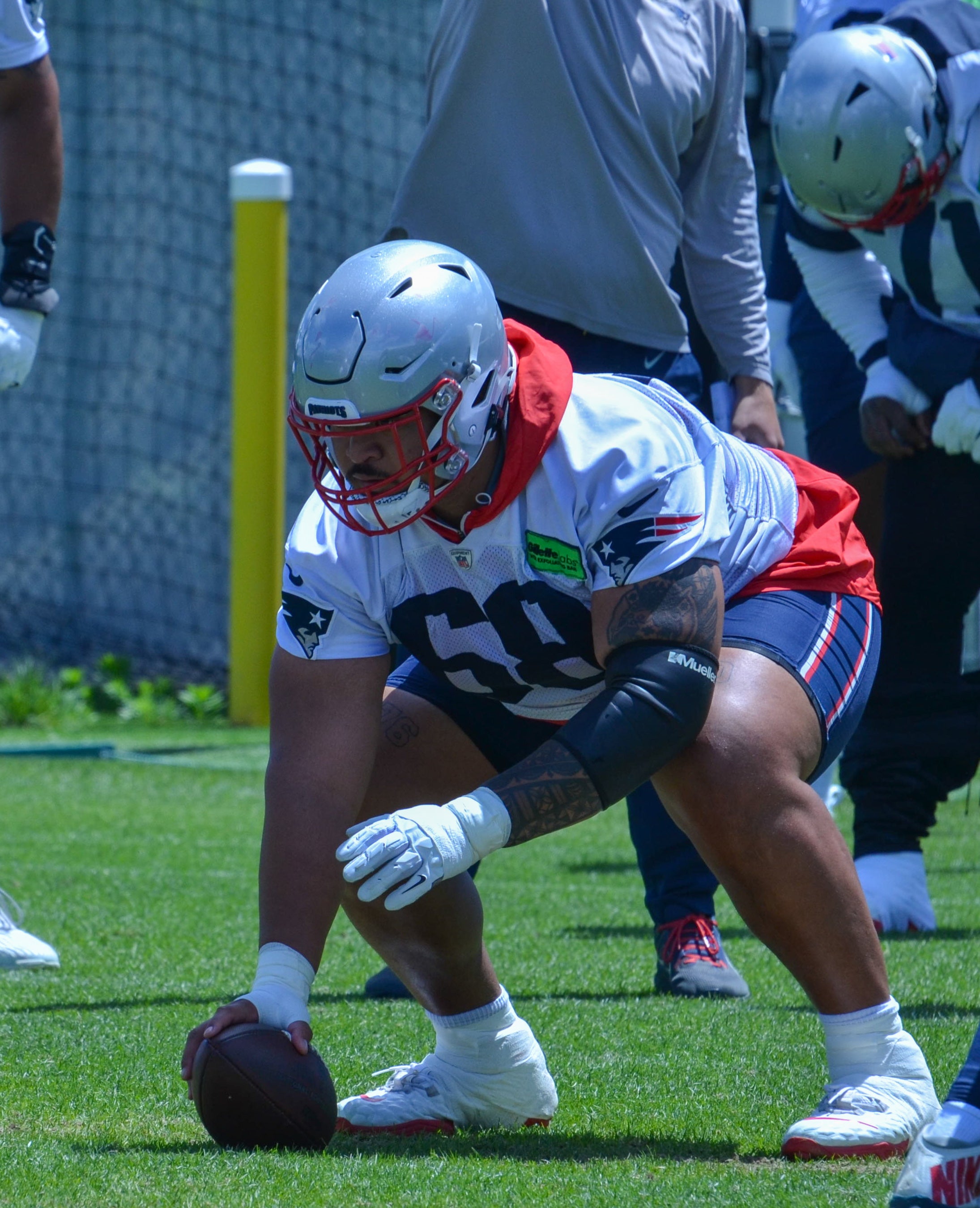 Patriots OL Atonio Mafi takes snaps at center during the first day of Mandatory Minicamp at Gillette Stadium - June 10, 2024