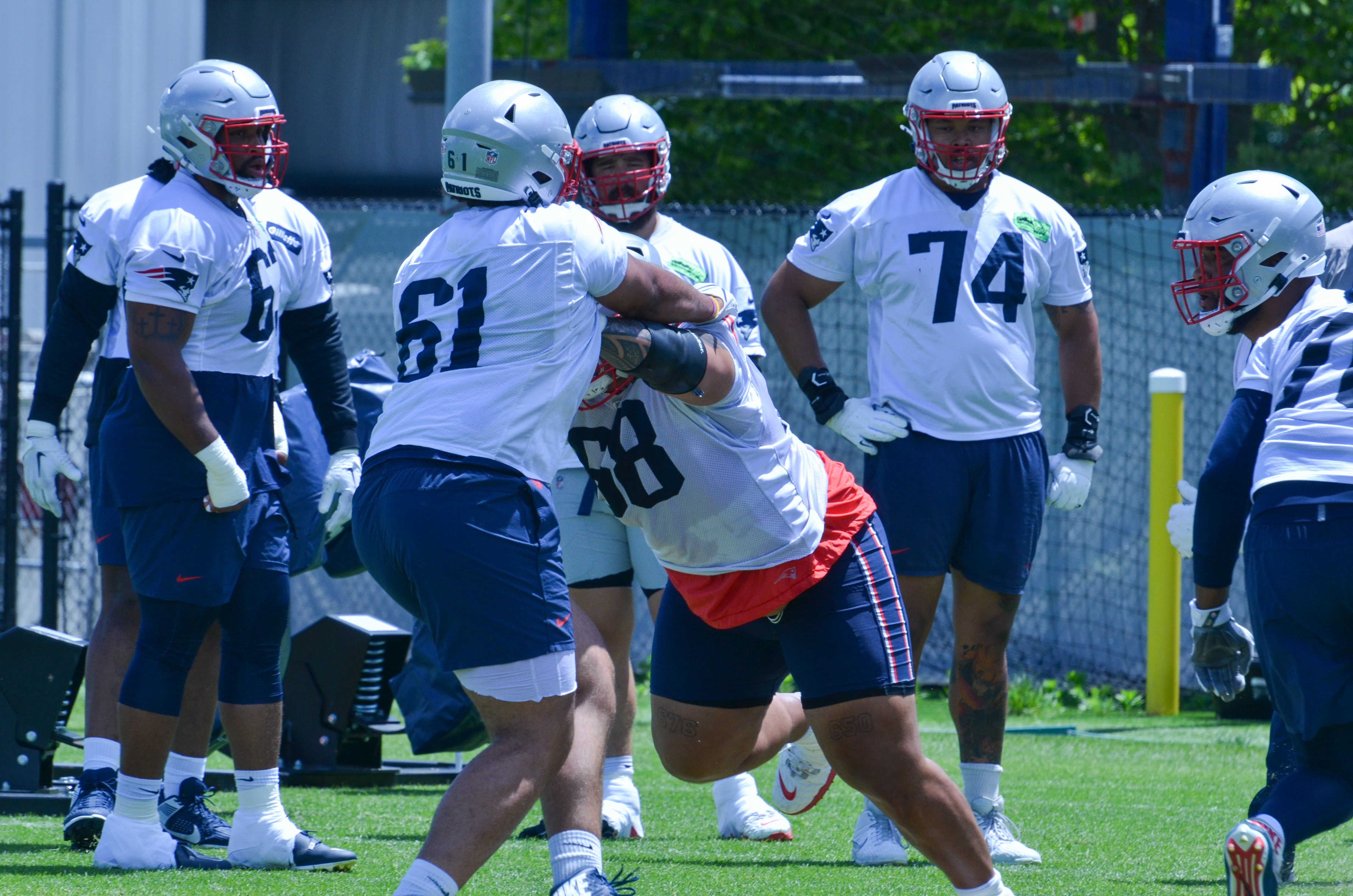 Patriots OL Atonio Mafi and C Charles Turner during the first day of Mandatory Minicamp at Gillette Stadium - June 10, 2024