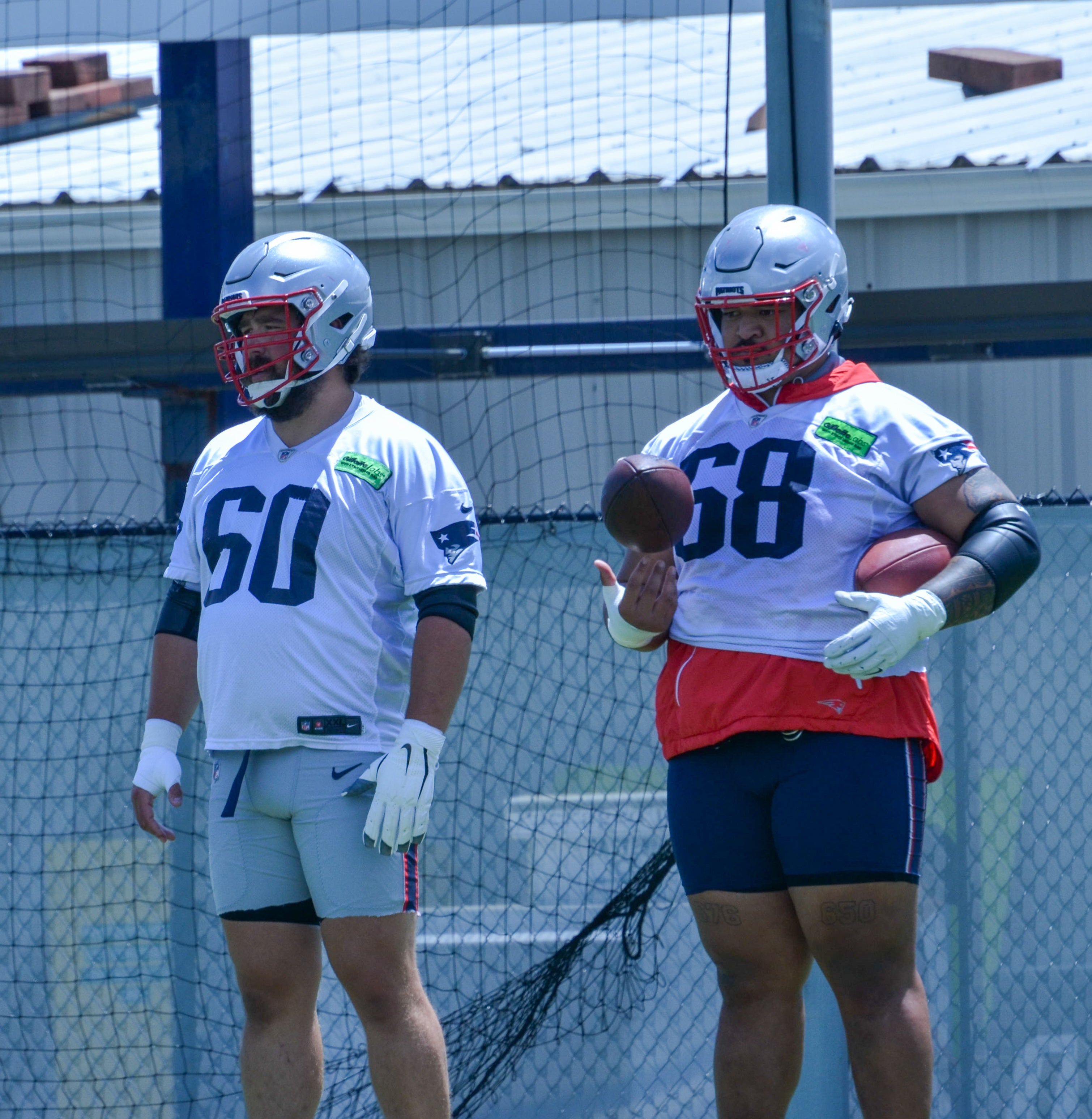 Patriots C David Andrews and OL Atonio Mafi at the first day of Mandatory Minicamp at Gillette Stadium - June 10, 2024