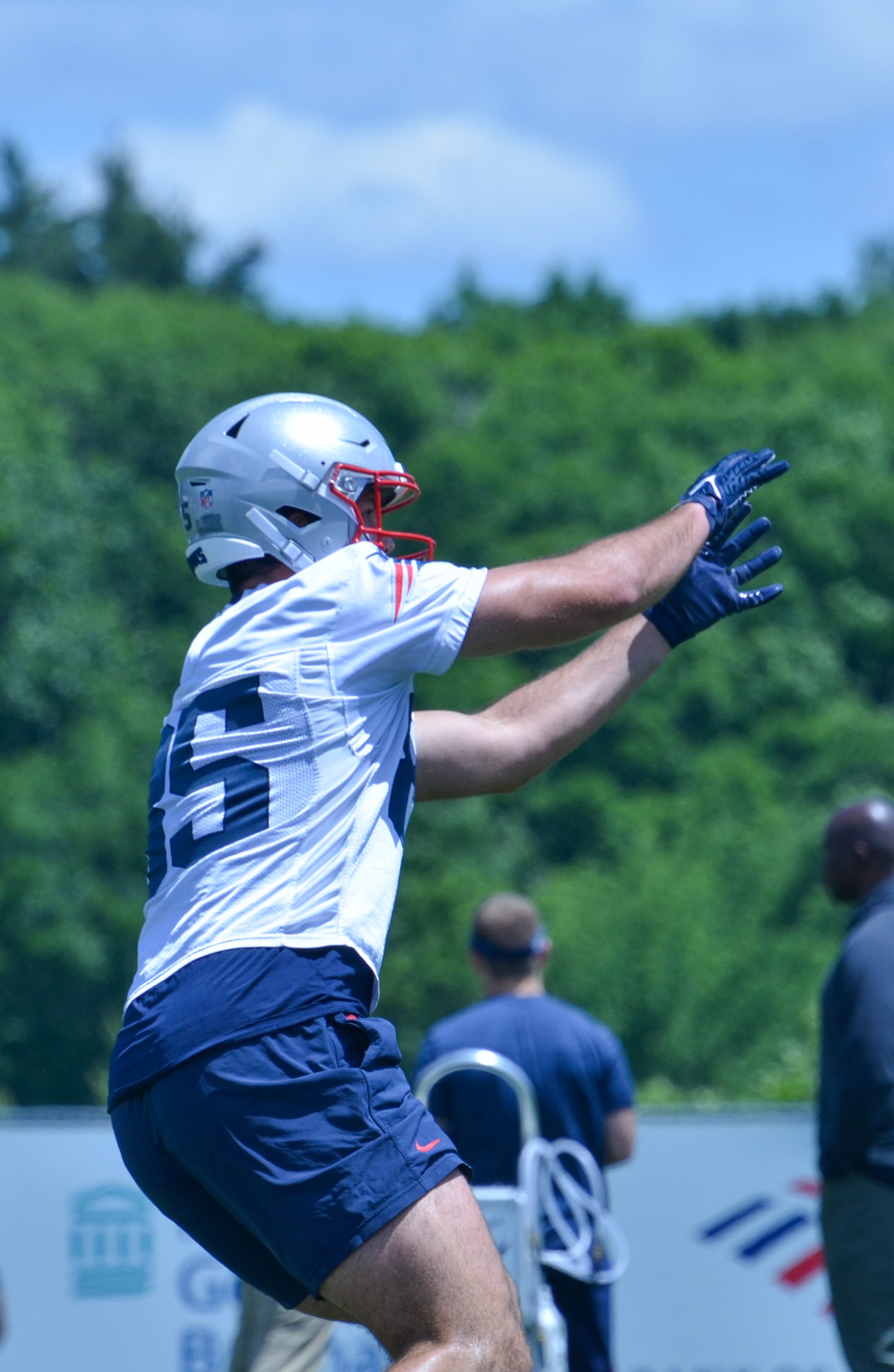 Patriots TE Hunter Henry makes a catch at the first day of Mandatory Minicamp at Gillette Stadium - June 10, 2024