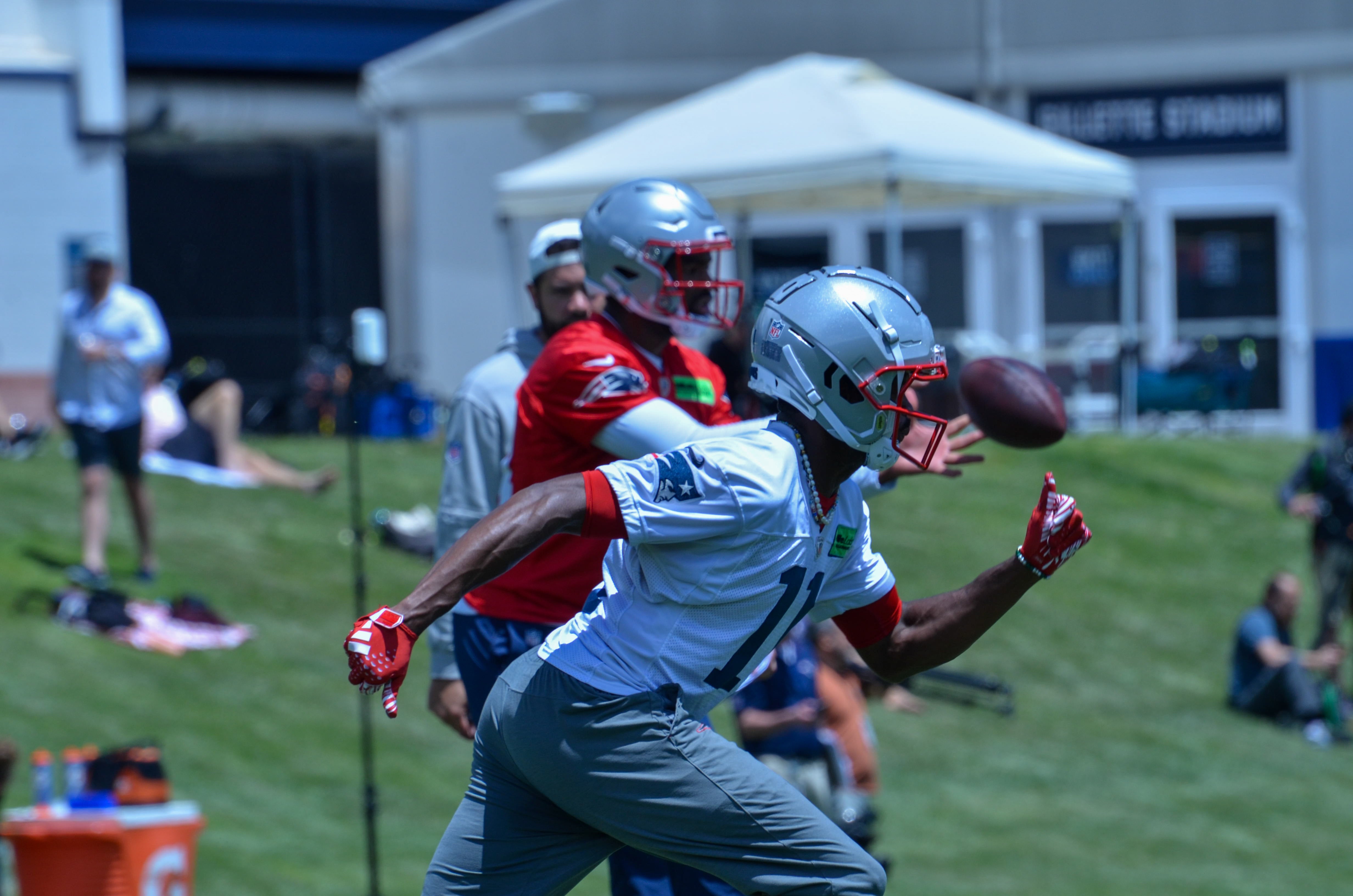 Patriots WR Tyquan Thornton starts to run his route at the first day of Mandatory Minicamp at Gillette Stadium - June 10, 2024