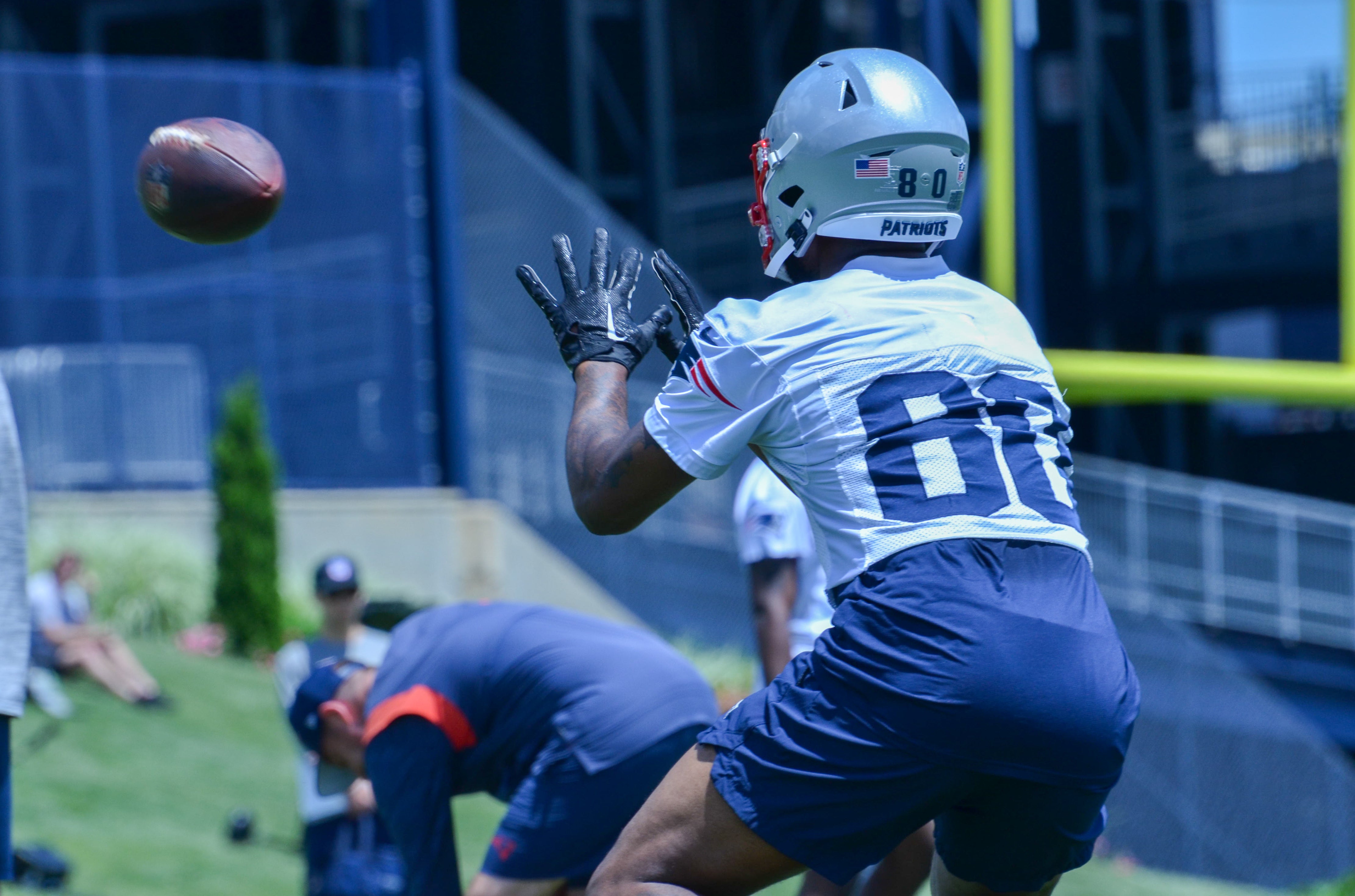 Patriots WR Kayshon Boutte makes a catch at the first day of Mandatory Minicamp at Gillette Stadium - June 10, 2024