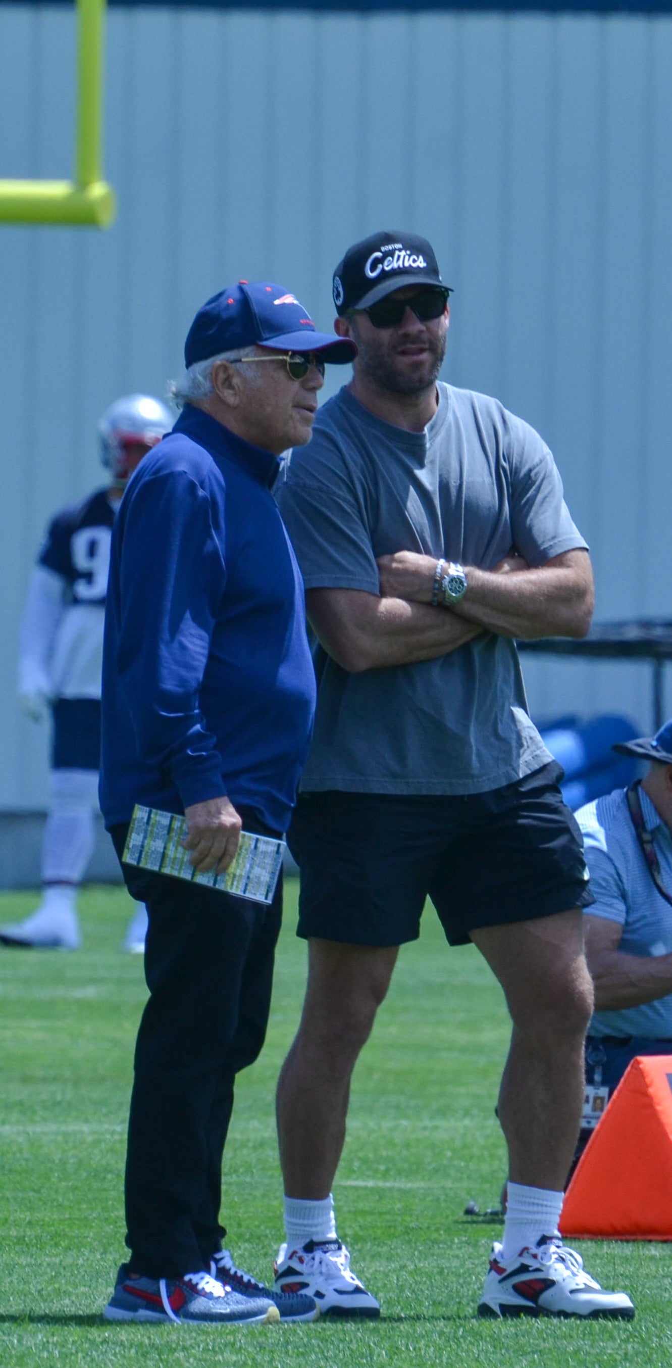 Patriots owner Robert Kraft speaks with former WR Julian Edelman at the first day of Mandatory Minicamp at Gillette Stadium - June 10, 2024