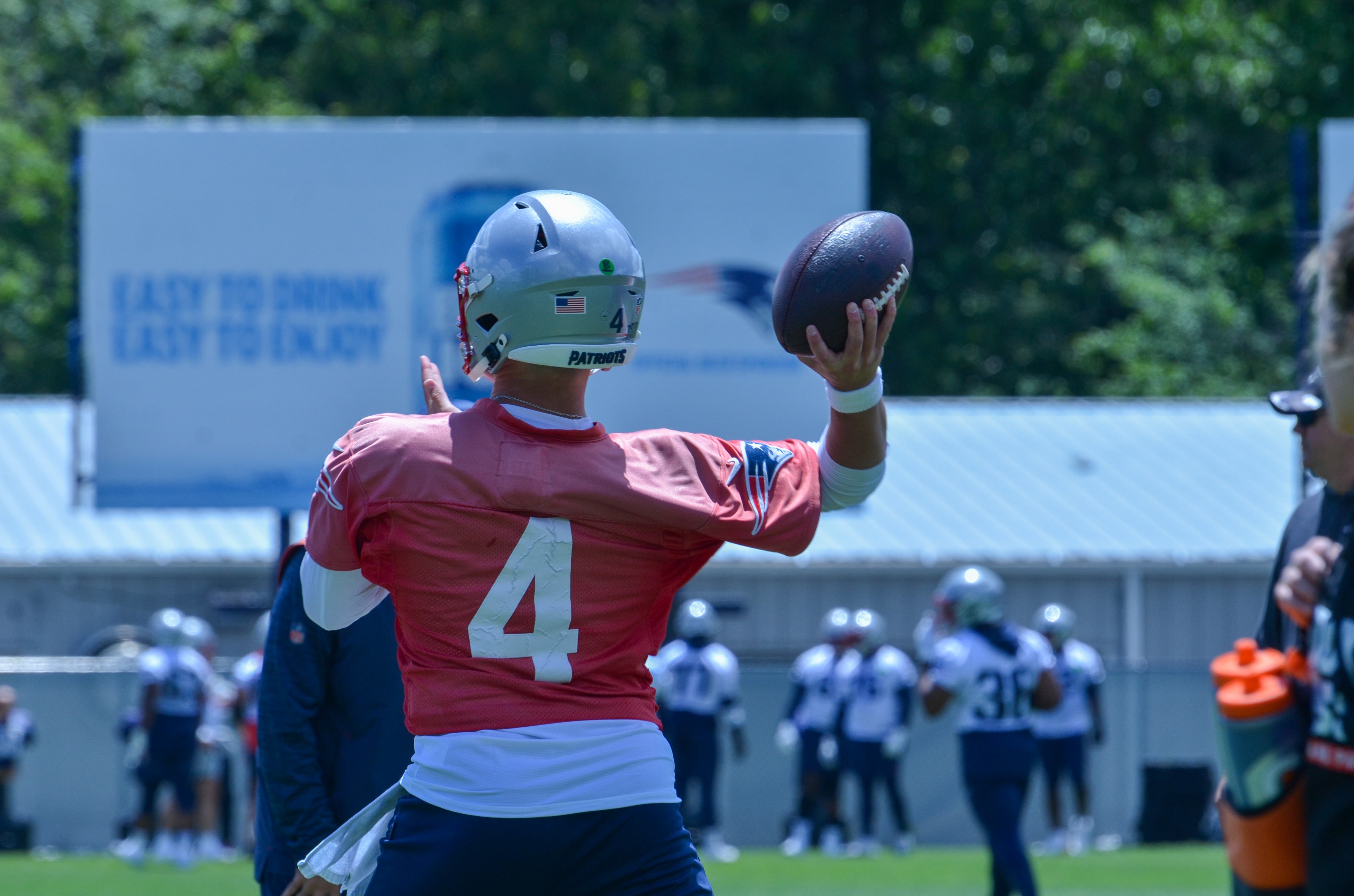 Patriots QB Bailey Zappe throws the ball at the first day of Mandatory Minicamp at Gillette Stadium - June 10, 2024