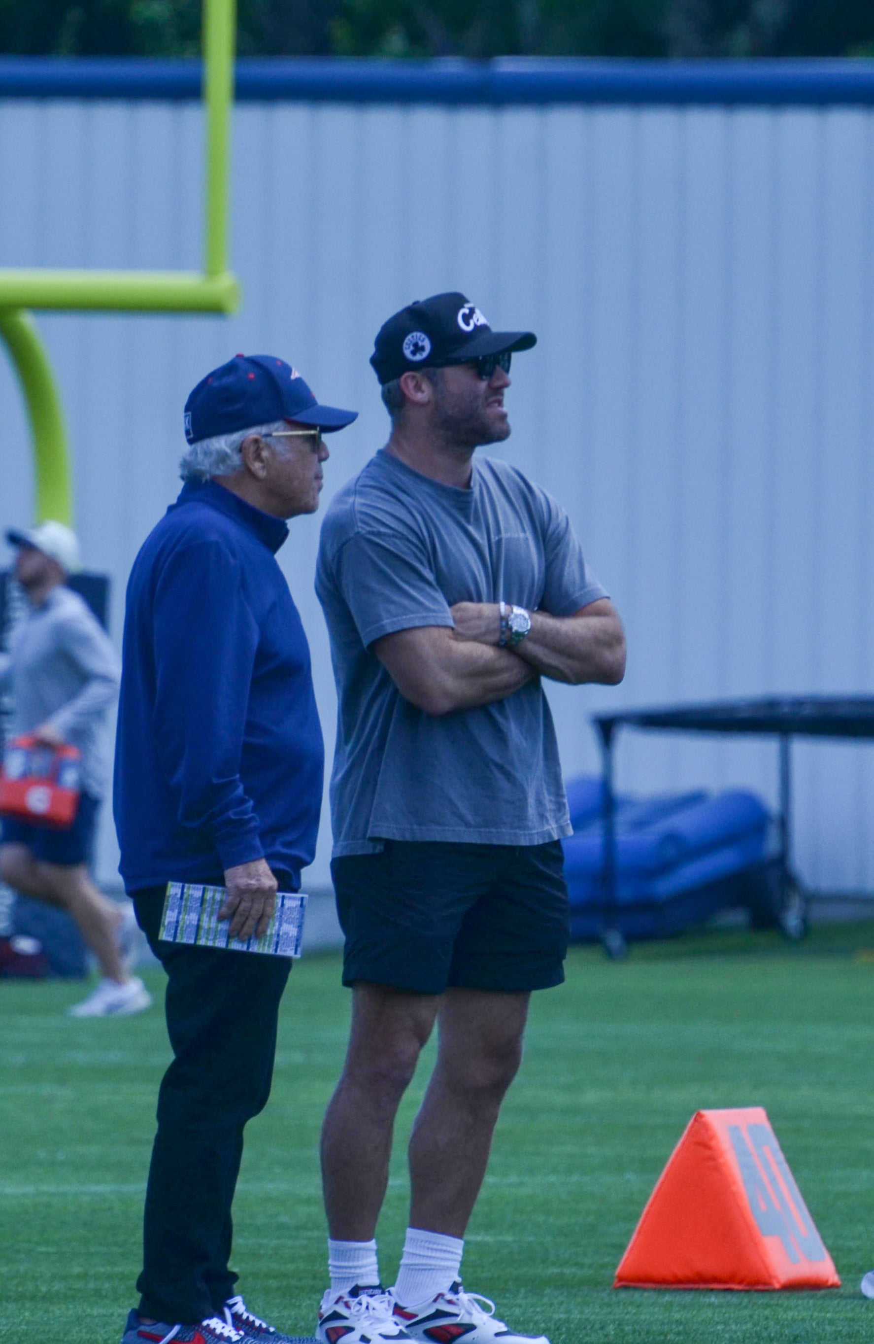 Patriots owner Robert Kraft speaks with former WR Julian Edelman at the first day of Mandatory Minicamp at Gillette Stadium - June 10, 2024