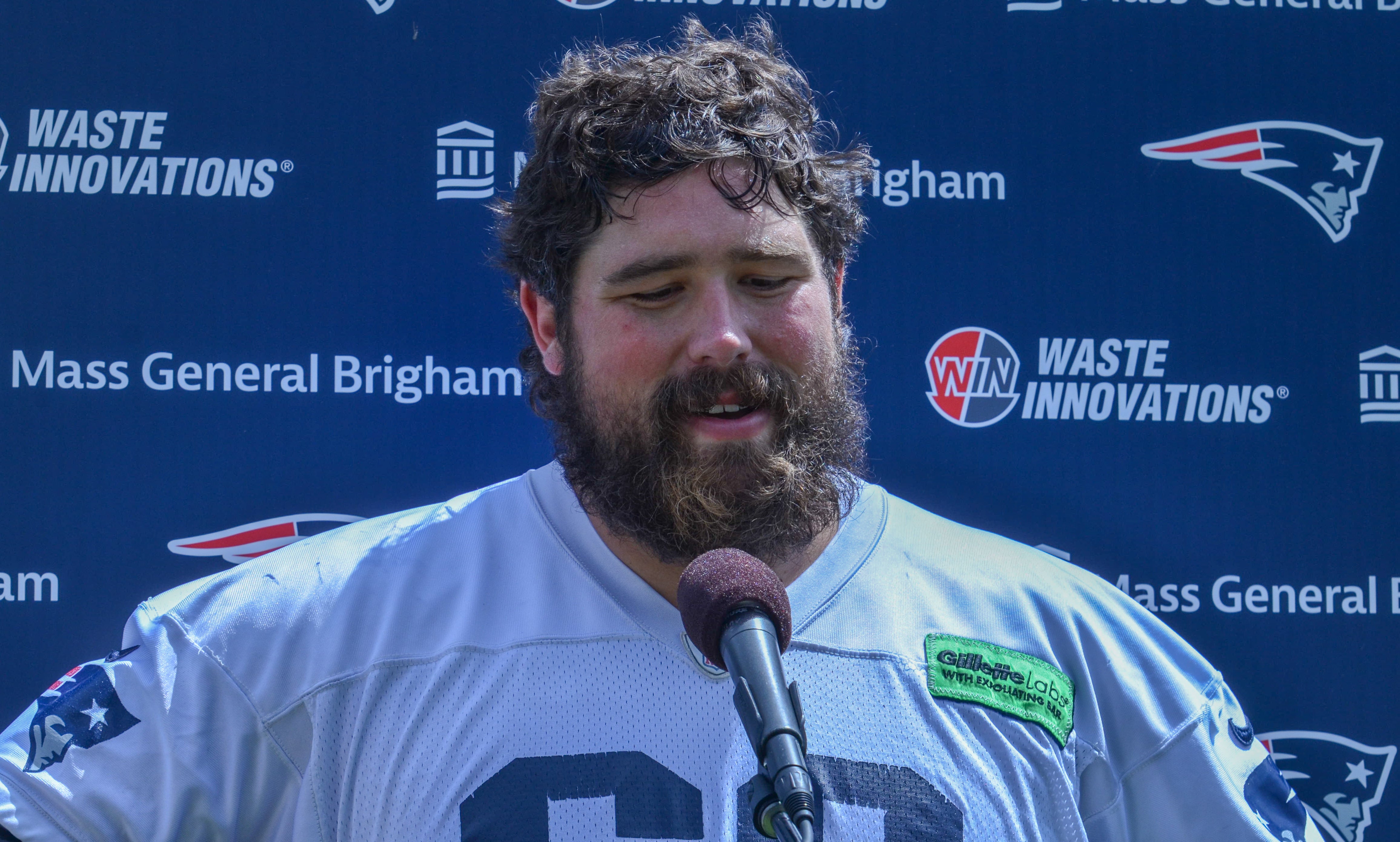 Patriots C David Andrews speaks with reporters after the first day of Mandatory Minicamp at Gillette Stadium - June 10, 2024