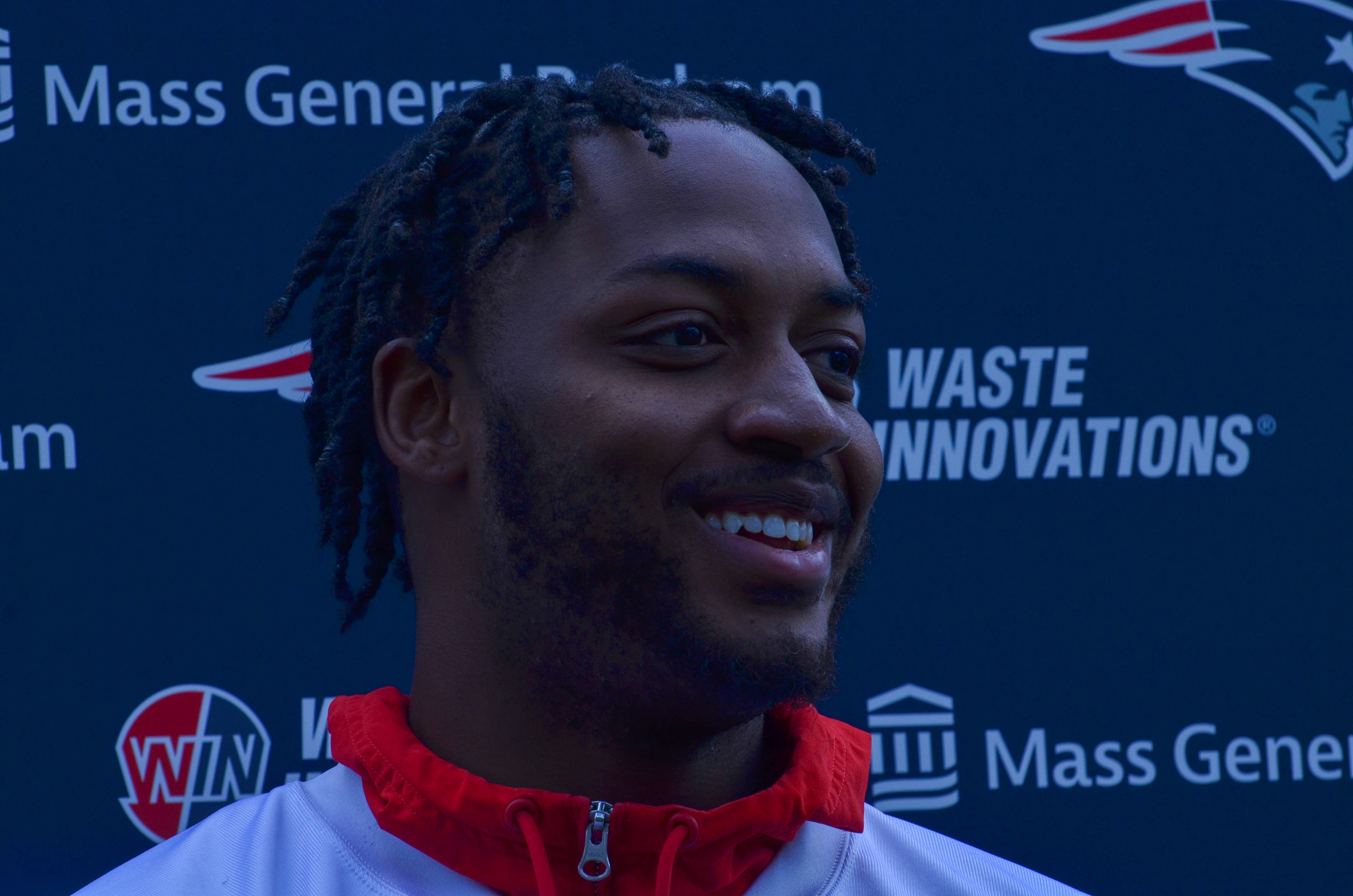 Patriots RB Antonio Gibson speaks with reporters after the first day of Mandatory Minicamp at Gillette Stadium - June 10, 2024