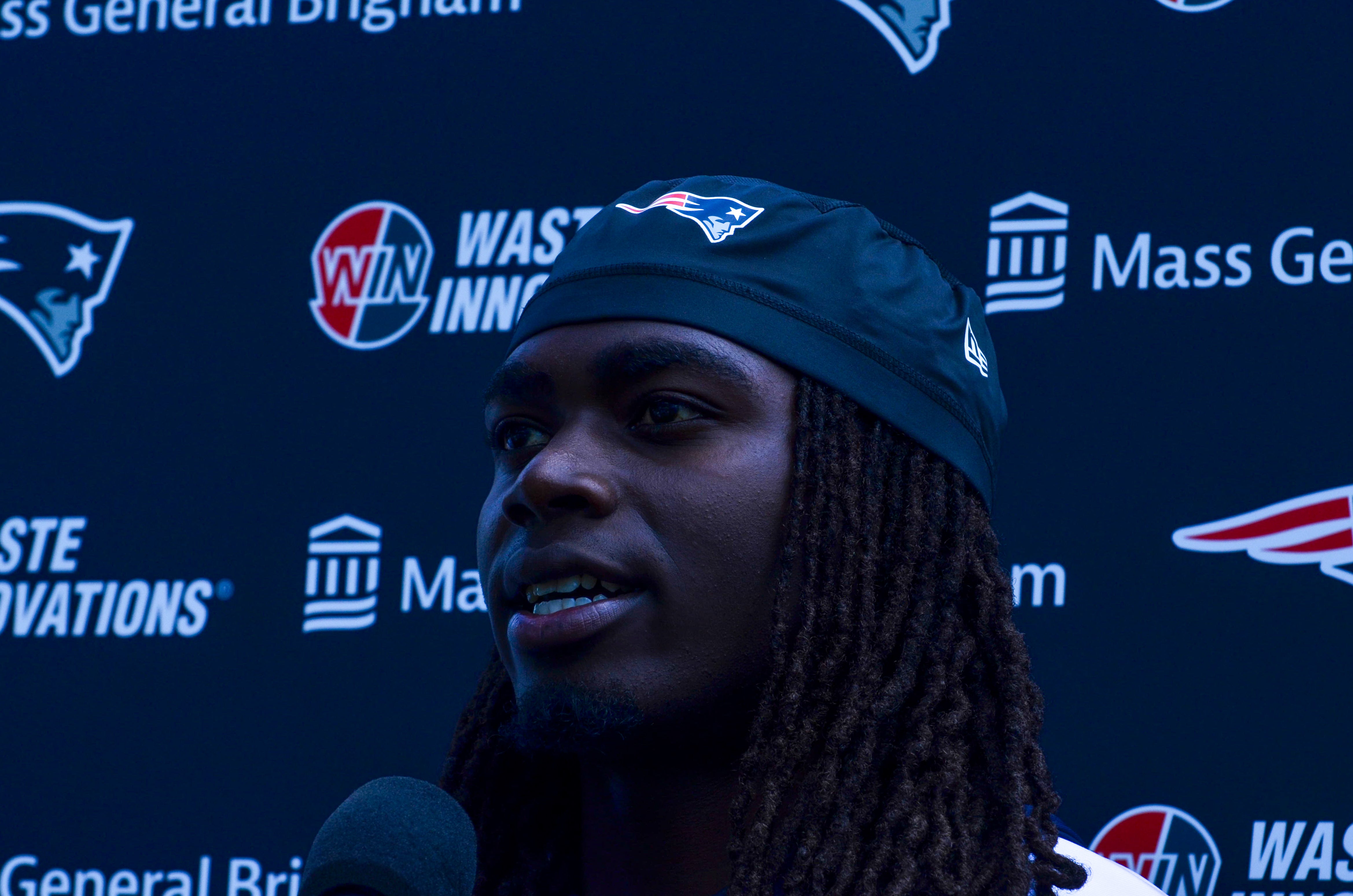 Patriots RB Rhamondre Stevenson speaks with reporters after the first day of Mandatory Minicamp at Gillette Stadium - June 10, 2024