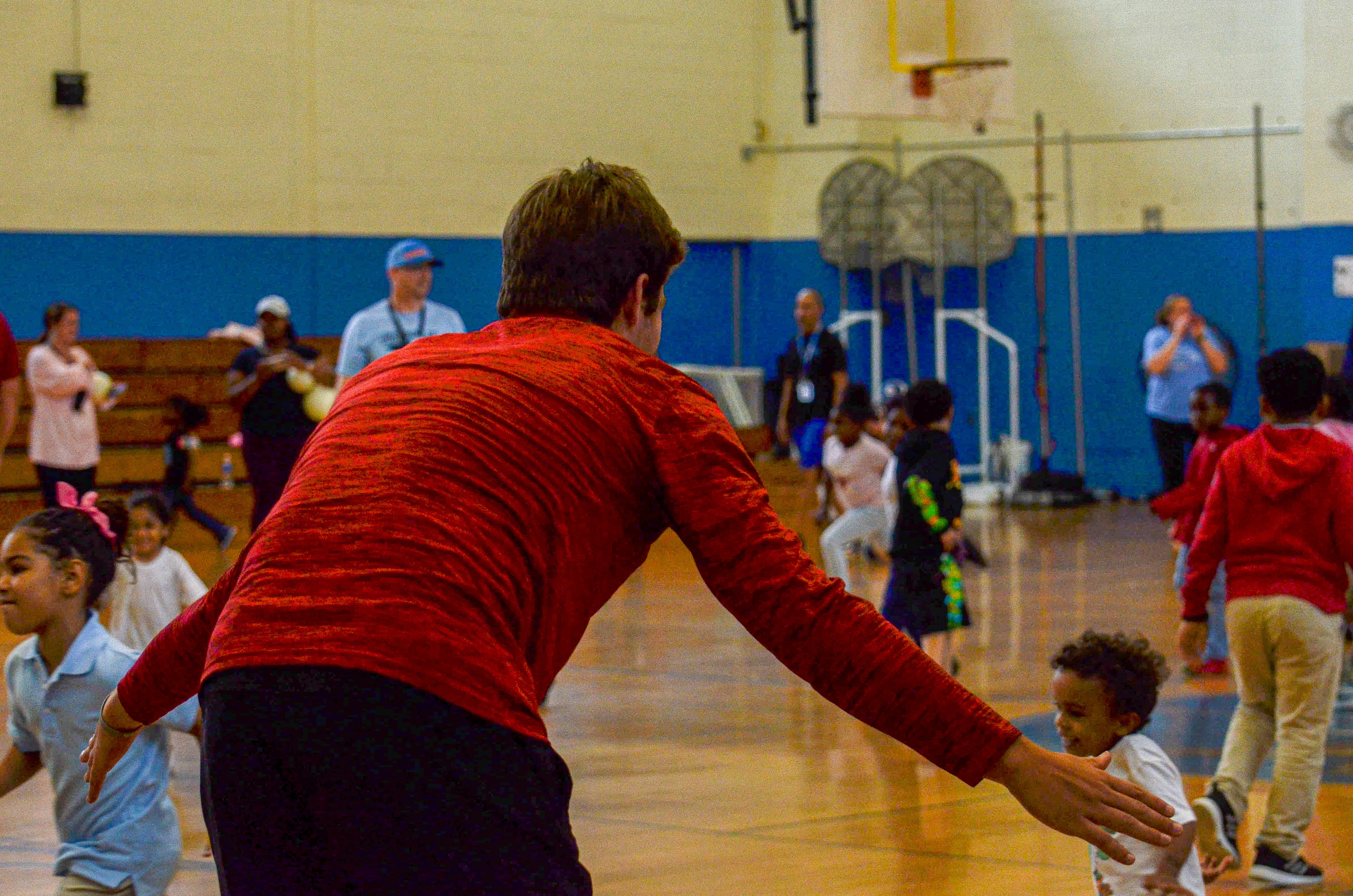 Quarterback Drake Maye plays red light, green light with the students at the New England Patriots community event at the Perkins Community Center/Lee School - June 11, 2024