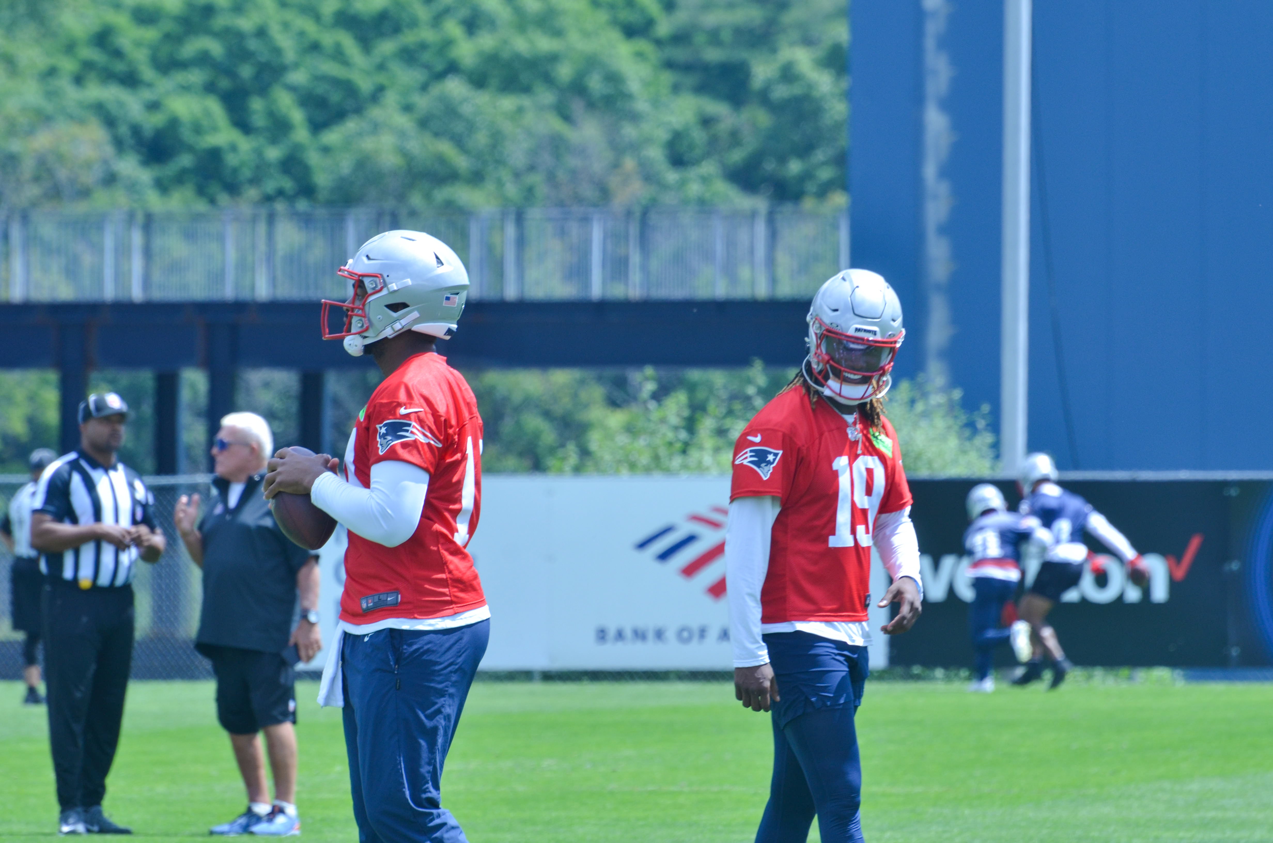 Patriots QBs Jacoby Brissett and Joe Milton III during the team's final day of mandatory minicamp - June 12, 2024