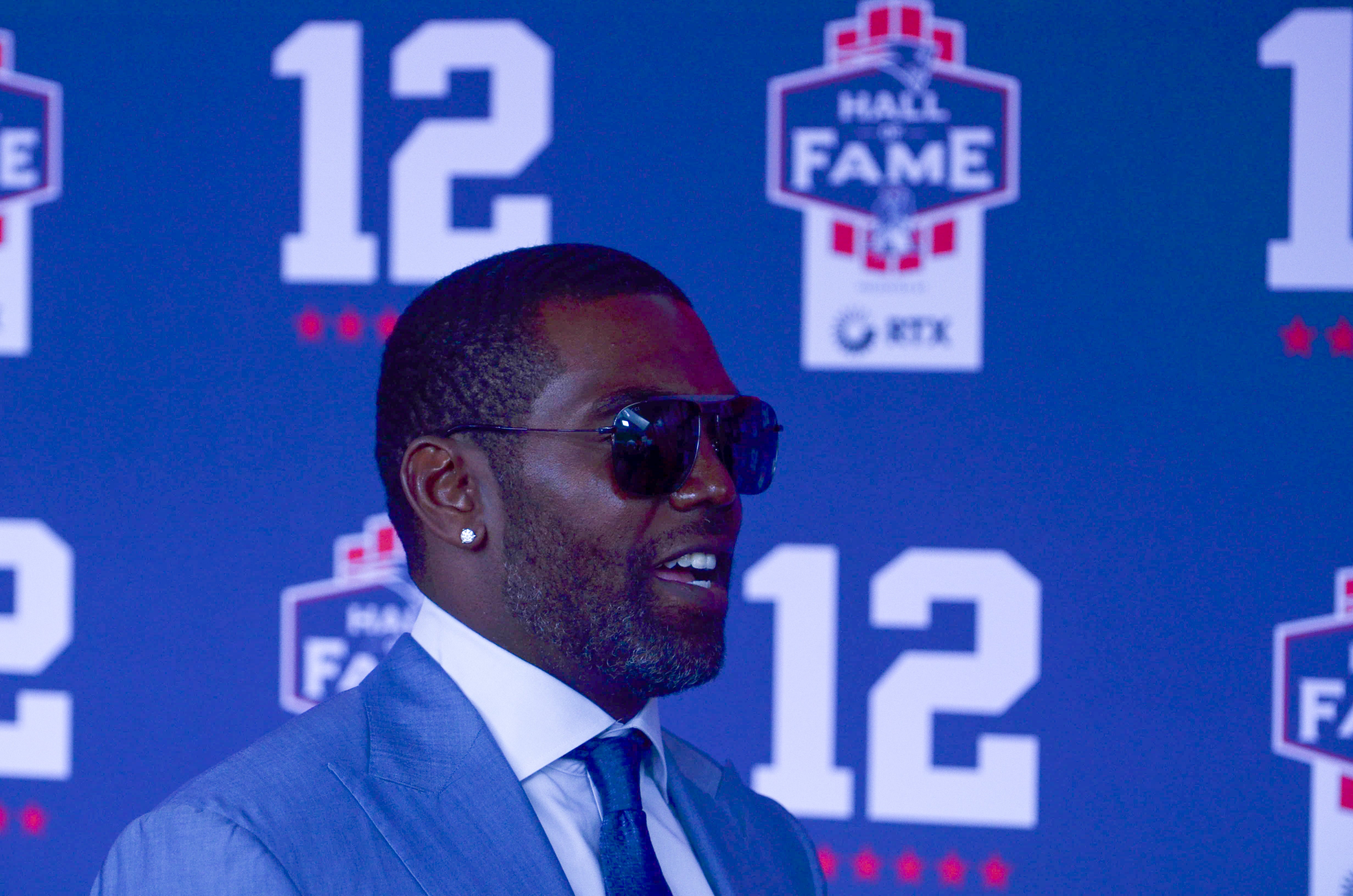 Former Patriots wide receiver Randy Moss. Former teammates, coaches, friends, family, and 60,000 fans were at Gillette Stadium for the induction of Tom Brady into the New England Patriots Hall of Fame Wednesday, June 12 in Foxborough, Mass.