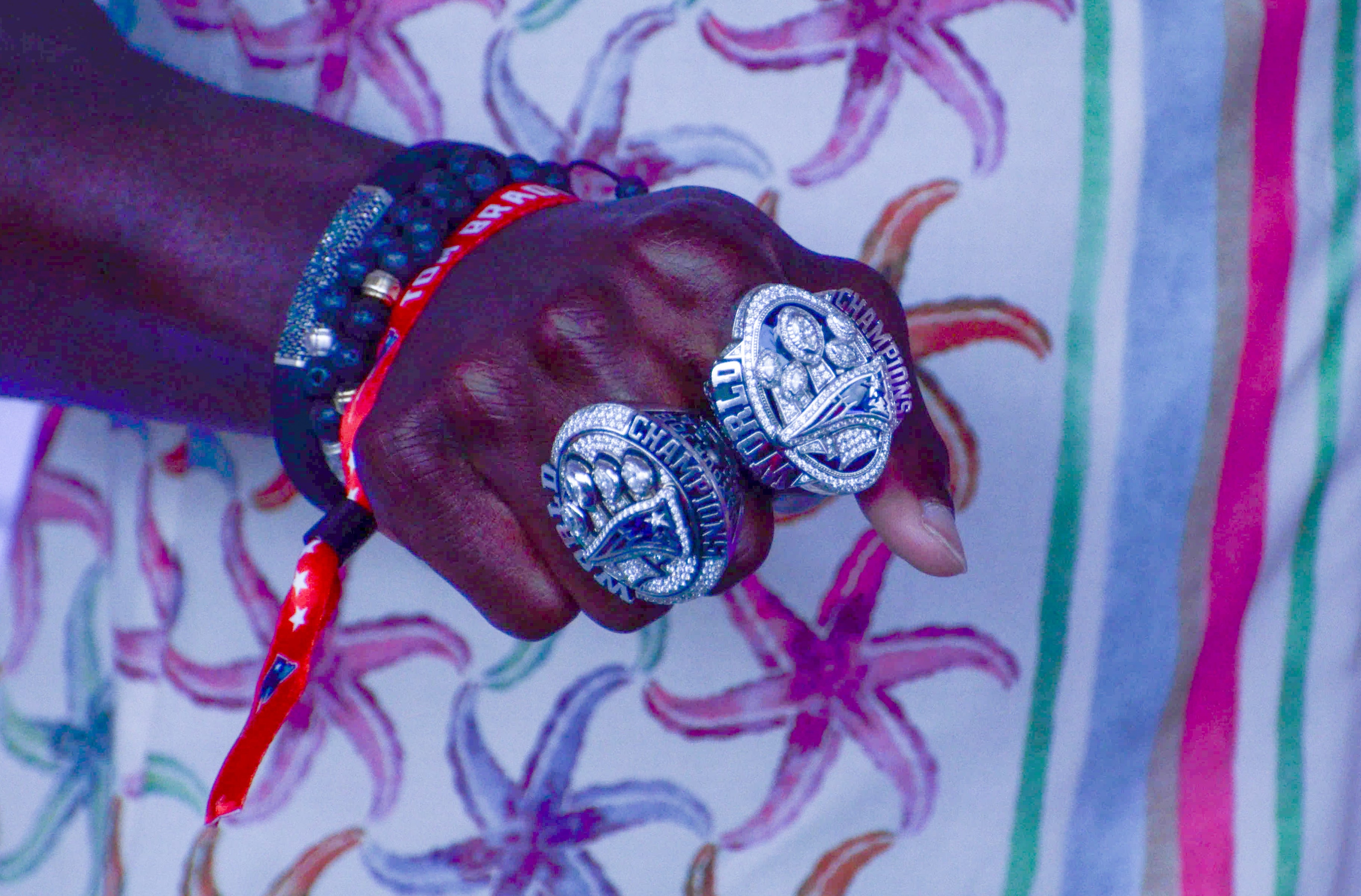 Former Patriots safety Devin McCourty shows off his Super Bowl rings. Former teammates, coaches, friends, family, and 60,000 fans were at Gillette Stadium for the induction of Tom Brady into the New England Patriots Hall of Fame Wednesday, June 12 in Foxborough, Mass. 