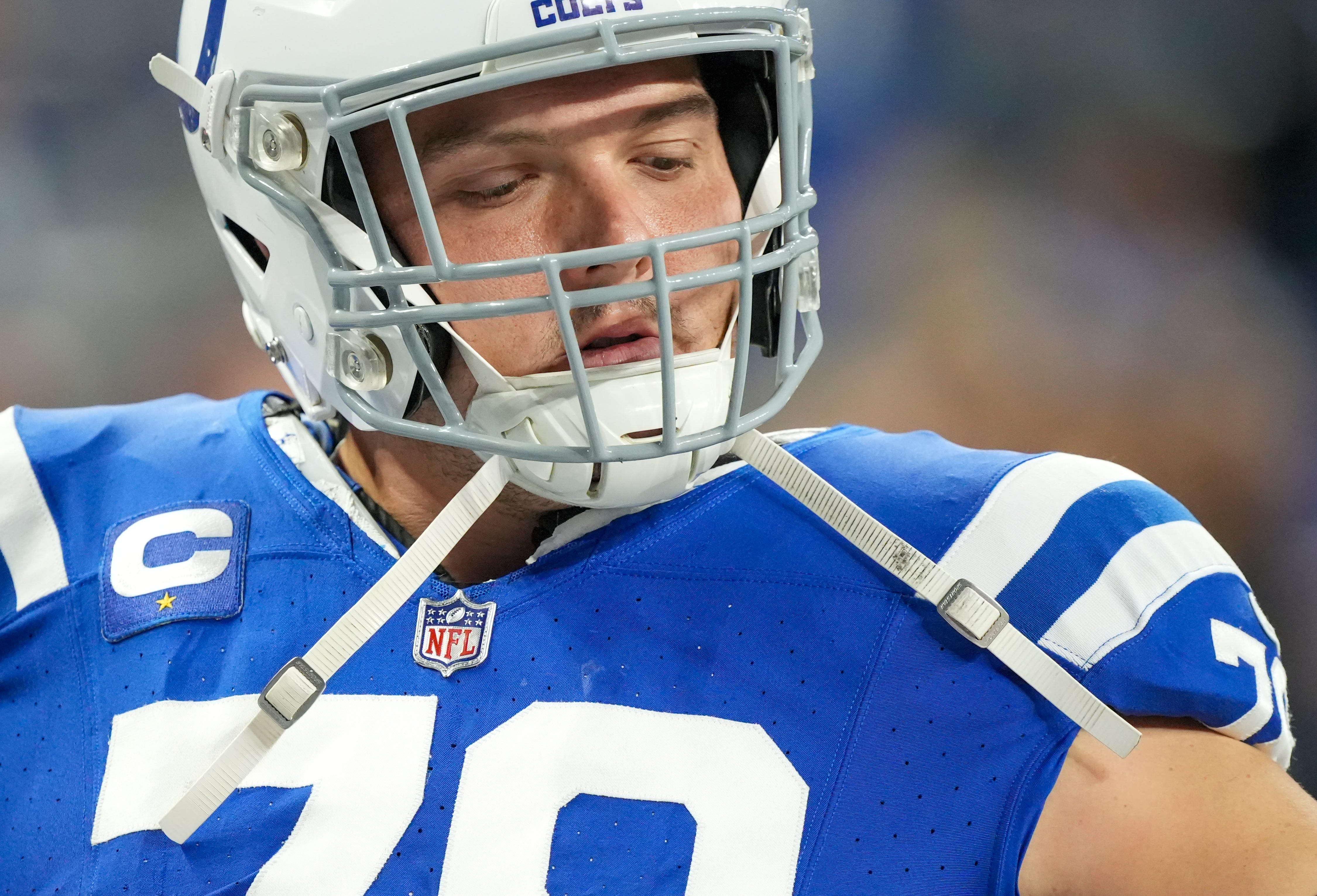 Indianapolis Colts center Ryan Kelly (78) warms up Saturday, Jan. 6, 2024, before a game against the Houston Texans at Lucas Oil Stadium in Indianapolis.
