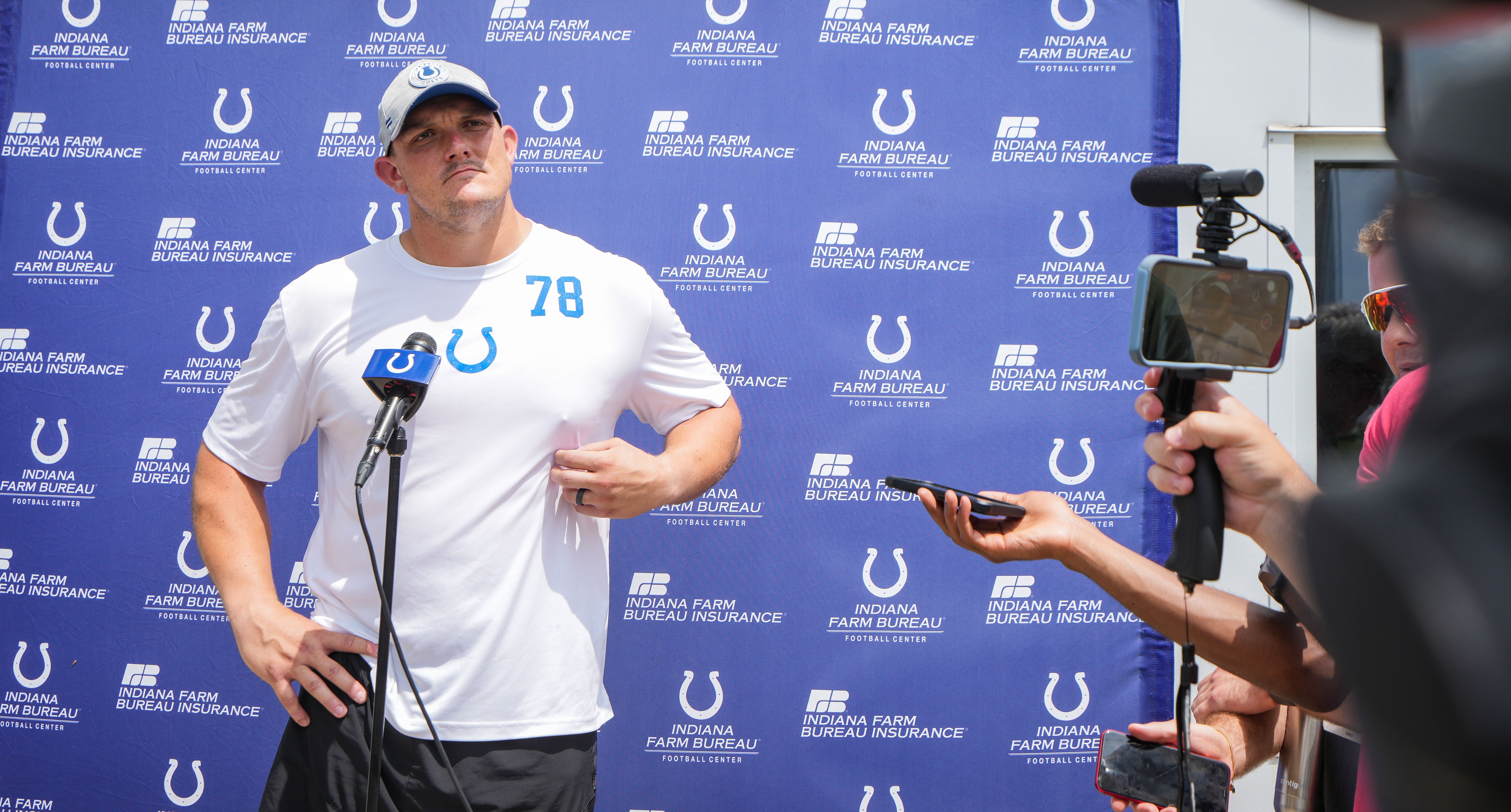 Indianapolis Colts Ryan Kelly (78) talks with press Wednesday, June 5, 2024, ahead of practice at the Colts Practice Facility in Indianapolis.