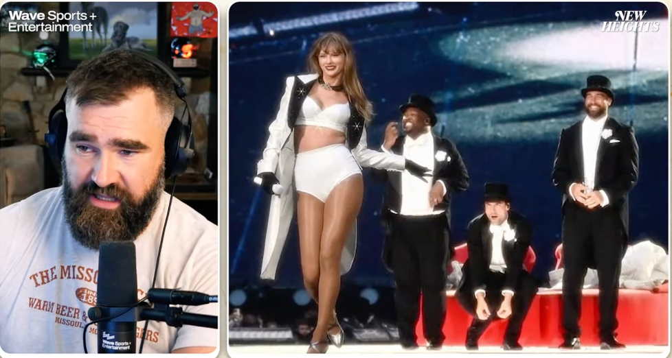 Jason Kelce talks about Travis Kelce's Eras Tour debut on the latest episode of the New Heights podcast.