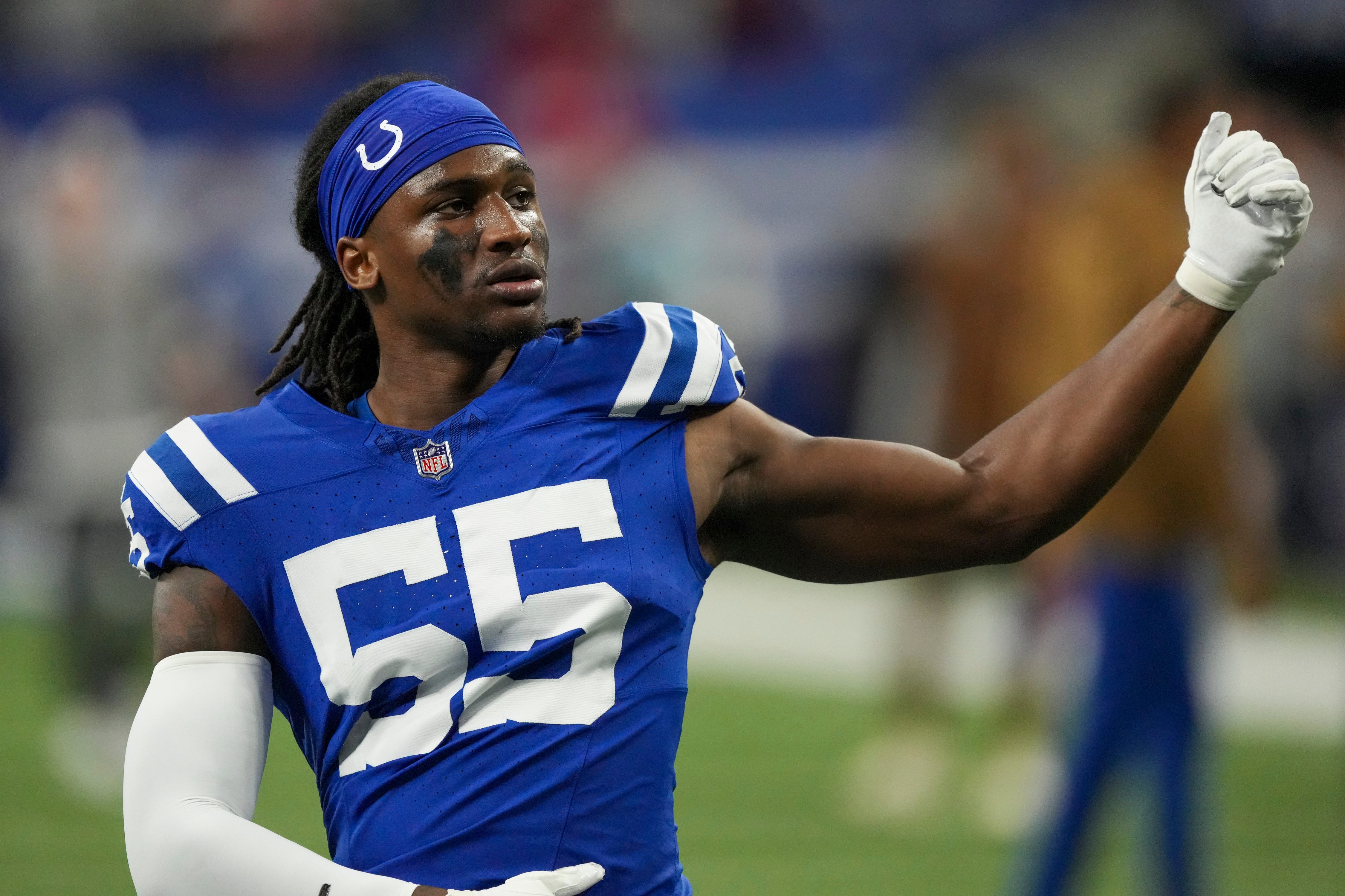 Indianapolis Colts linebacker Isaiah Land (55) warms up at Lucas Oil Stadium, Sunday, Nov. 26, 2023, before Tampa Bay Bucs at the Colts.