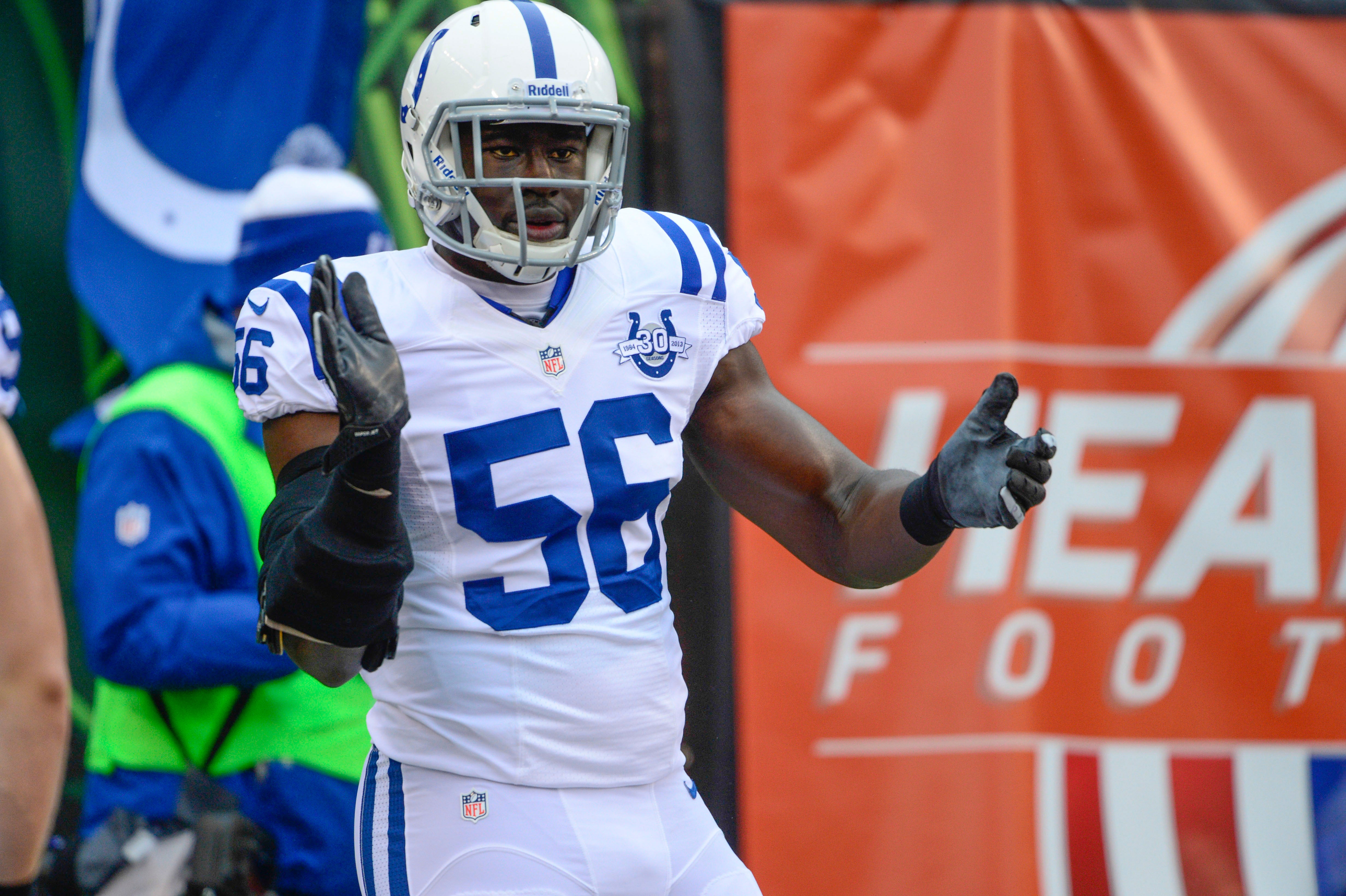 Dec 8, 2013; Cincinnati, OH, USA; Indianapolis Colts linebacker Daniel Adongo (56) warms up before the game against the Cincinnati Bengals at Paul Brown Stadium.