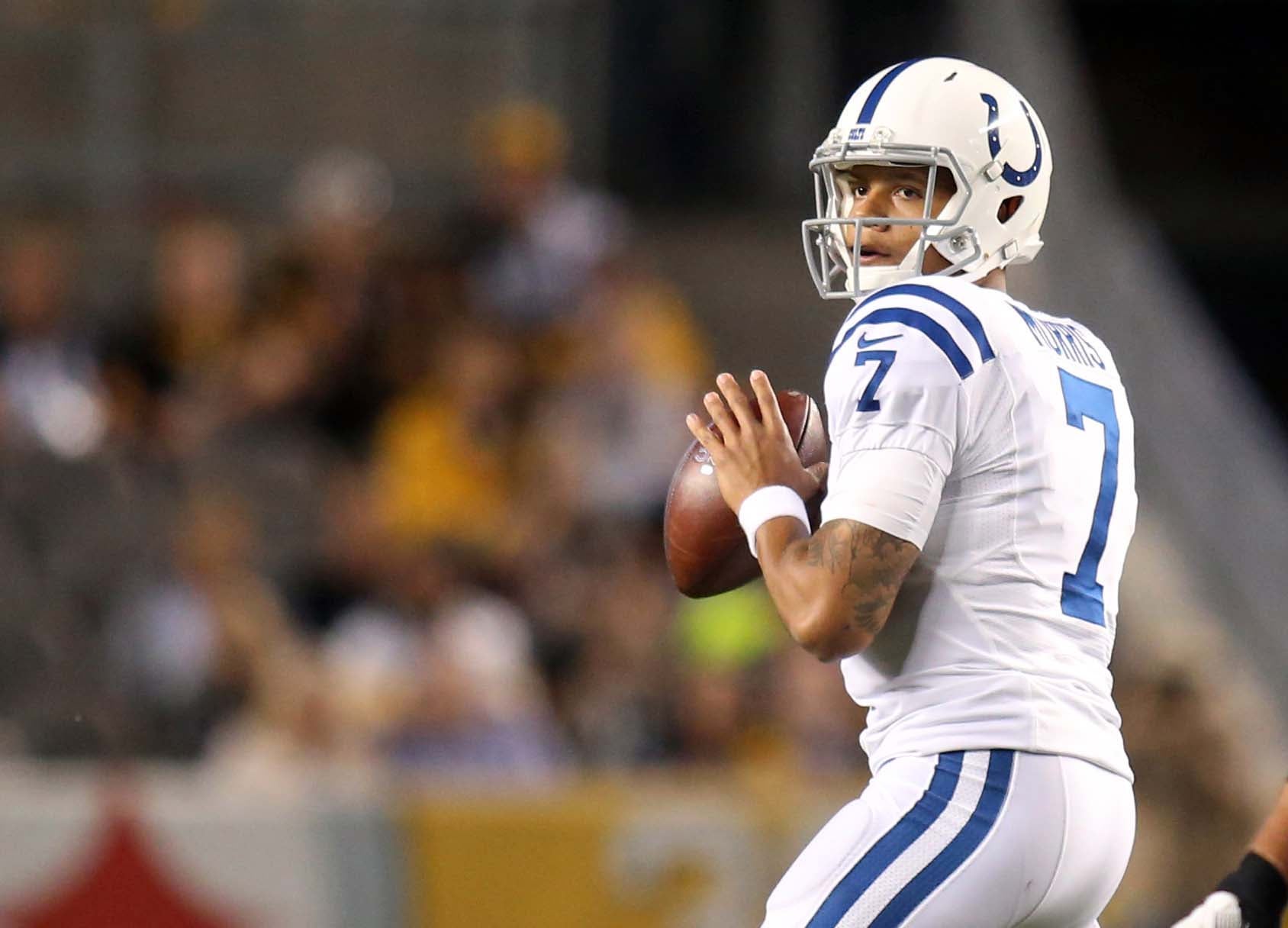 Aug 26, 2017; Pittsburgh, PA, USA; Indianapolis Colts quarterback Stephen Morris (7) looks to pass against the Pittsburgh Steelers during the second quarter at Heinz Field. The Colts won 19-15.