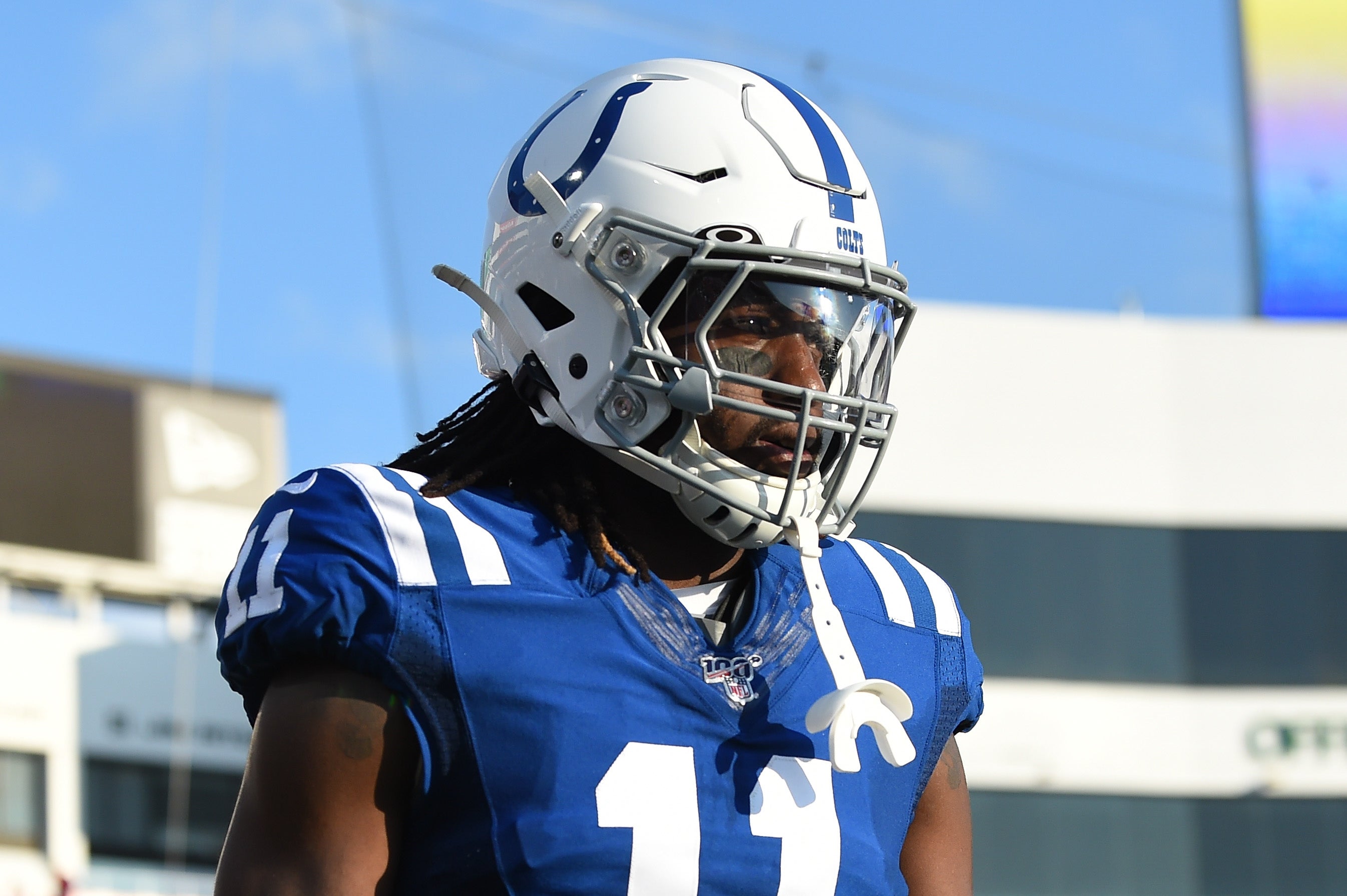 Aug 8, 2019; Orchard Park, NY, USA; Indianapolis Colts wide receiver Deon Cain (11) walks on the field prior to the game against the Buffalo Bills at New Era Field.