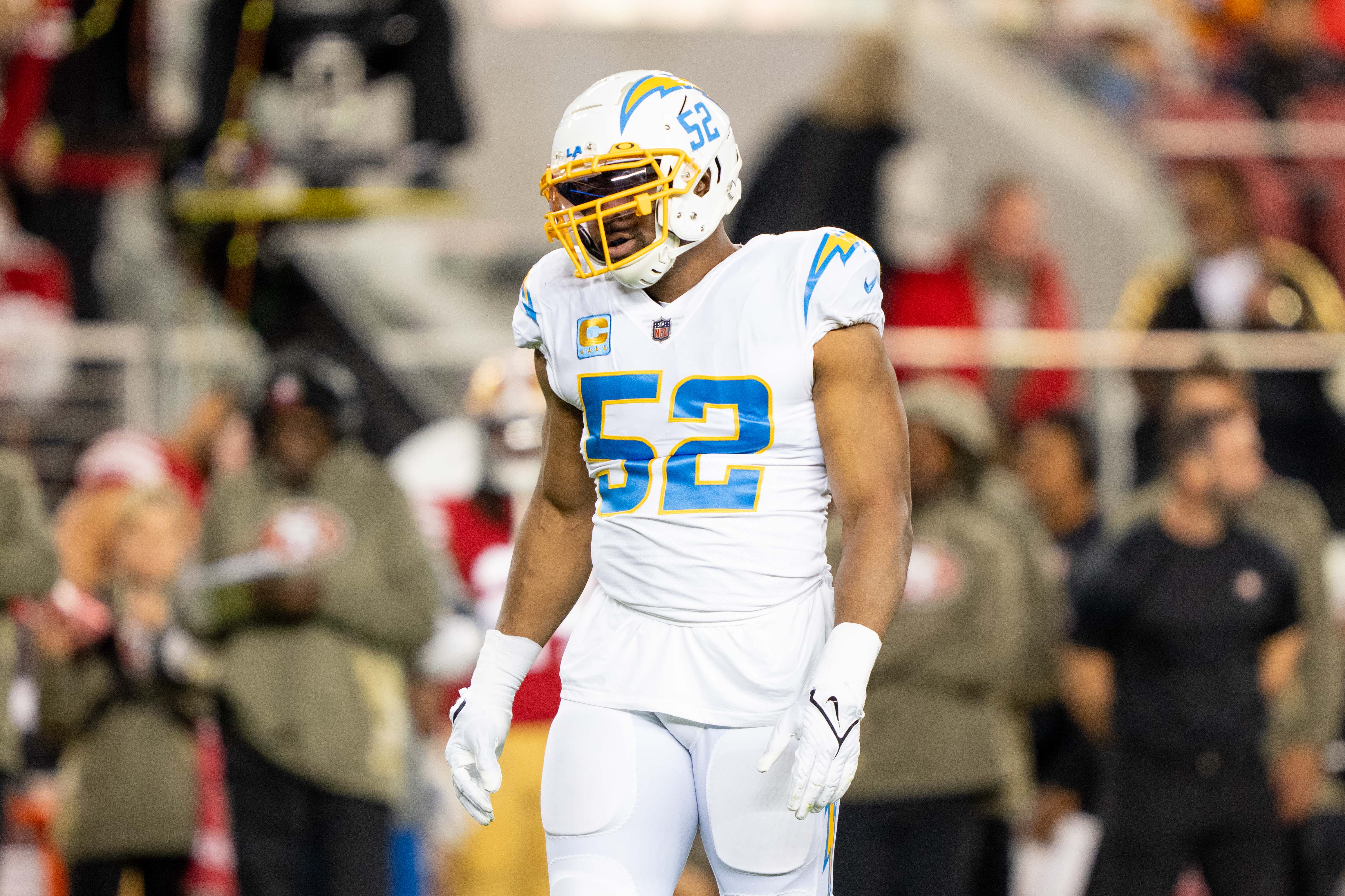 November 13, 2022; Santa Clara, California, USA; Los Angeles Chargers linebacker Khalil Mack (52) during the second quarter against the San Francisco 49ers at Levi's Stadium.