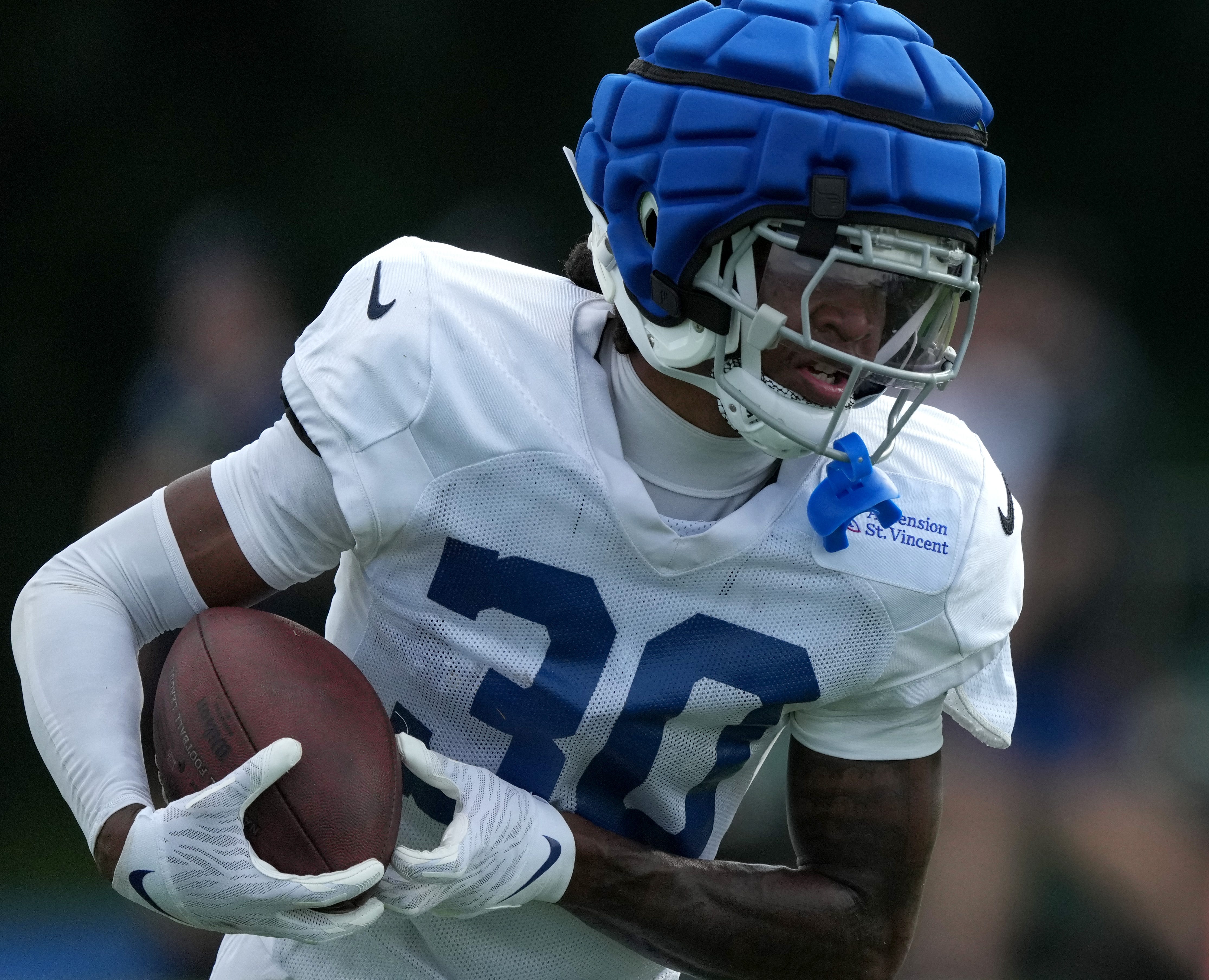 Indianapolis Colts cornerback Jaylin Simpson (30) runs the ball during training camp Tuesday, July 30, 2024, at Grand Park Sports Complex in Westfield.