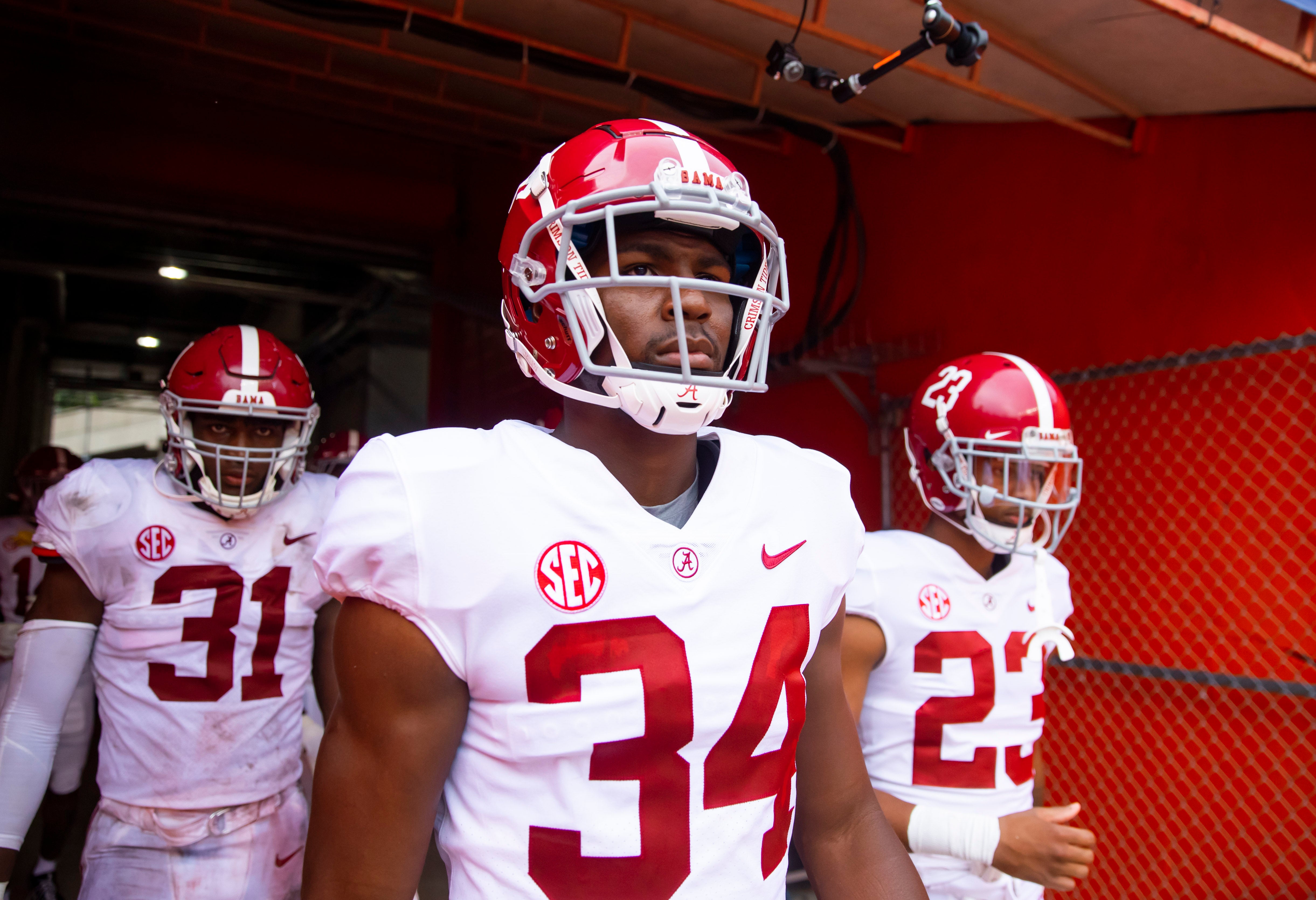 Sep 18, 2021; Gainesville, Florida, USA; Alabama Crimson Tide linebacker Quandarrius Robinson (34) against the Florida Gators at Ben Hill Griffin Stadium. Mandatory Credit: Mark J. Rebilas-USA TODAY Sports  