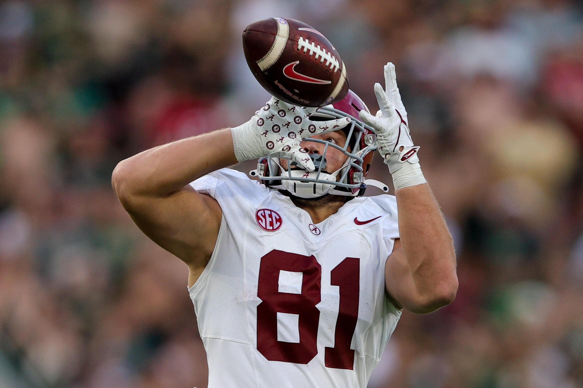 Sep 16, 2023; Tampa, Florida, USA; Alabama Crimson Tide tight end CJ Dippre (81) catches a pass against the South Florida Bulls in the third quarter at Raymond James Stadium. Mandatory Credit: Nathan Ray Seebeck-USA TODAY Sports  