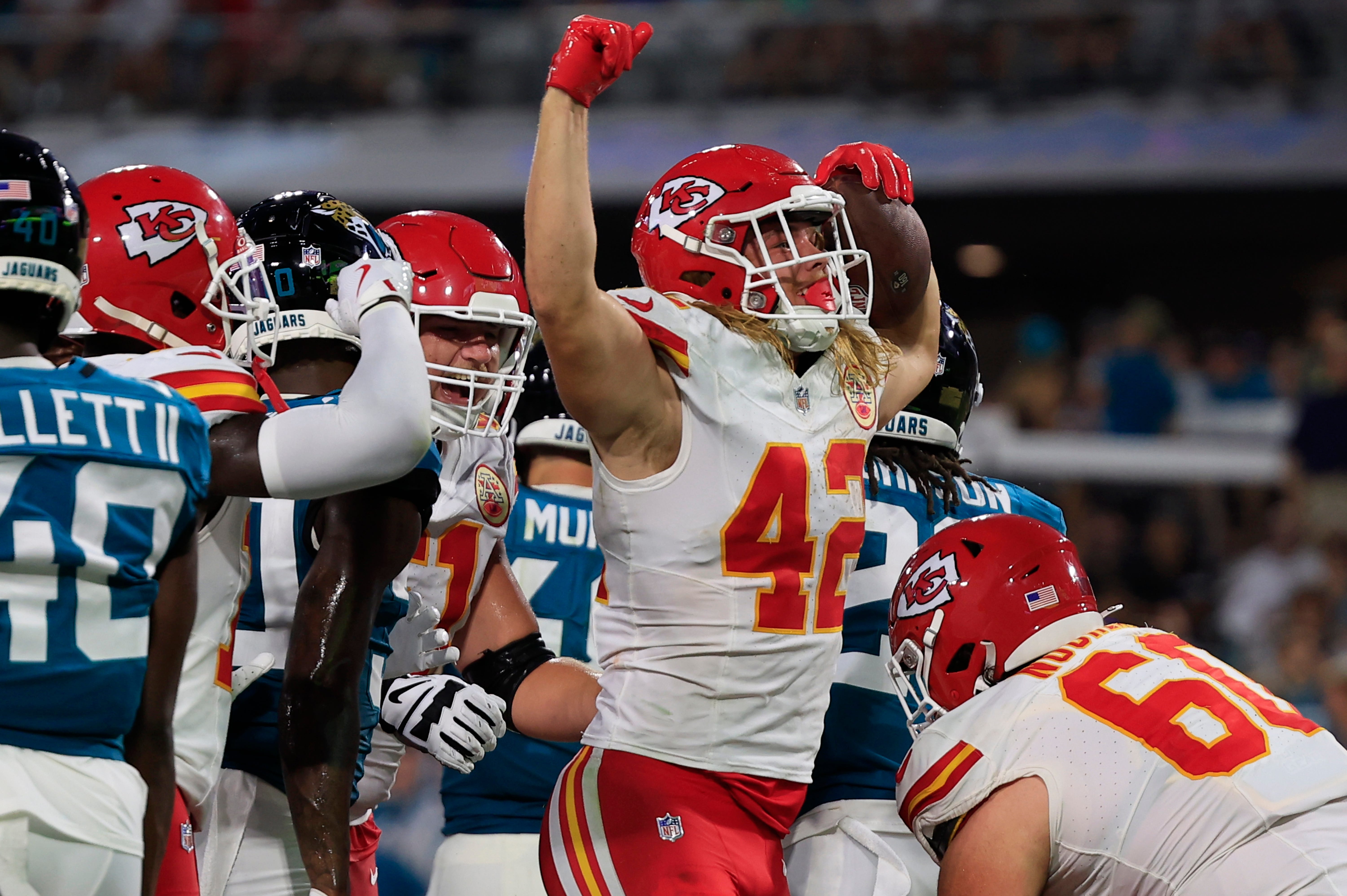 Kansas City Chiefs running back Carson Steele (42) celebrates his touchdown score during the second quarter of a preseason NFL football game Saturday, Aug. 10, 2024 at EverBank Stadium in Jacksonville, Fla.