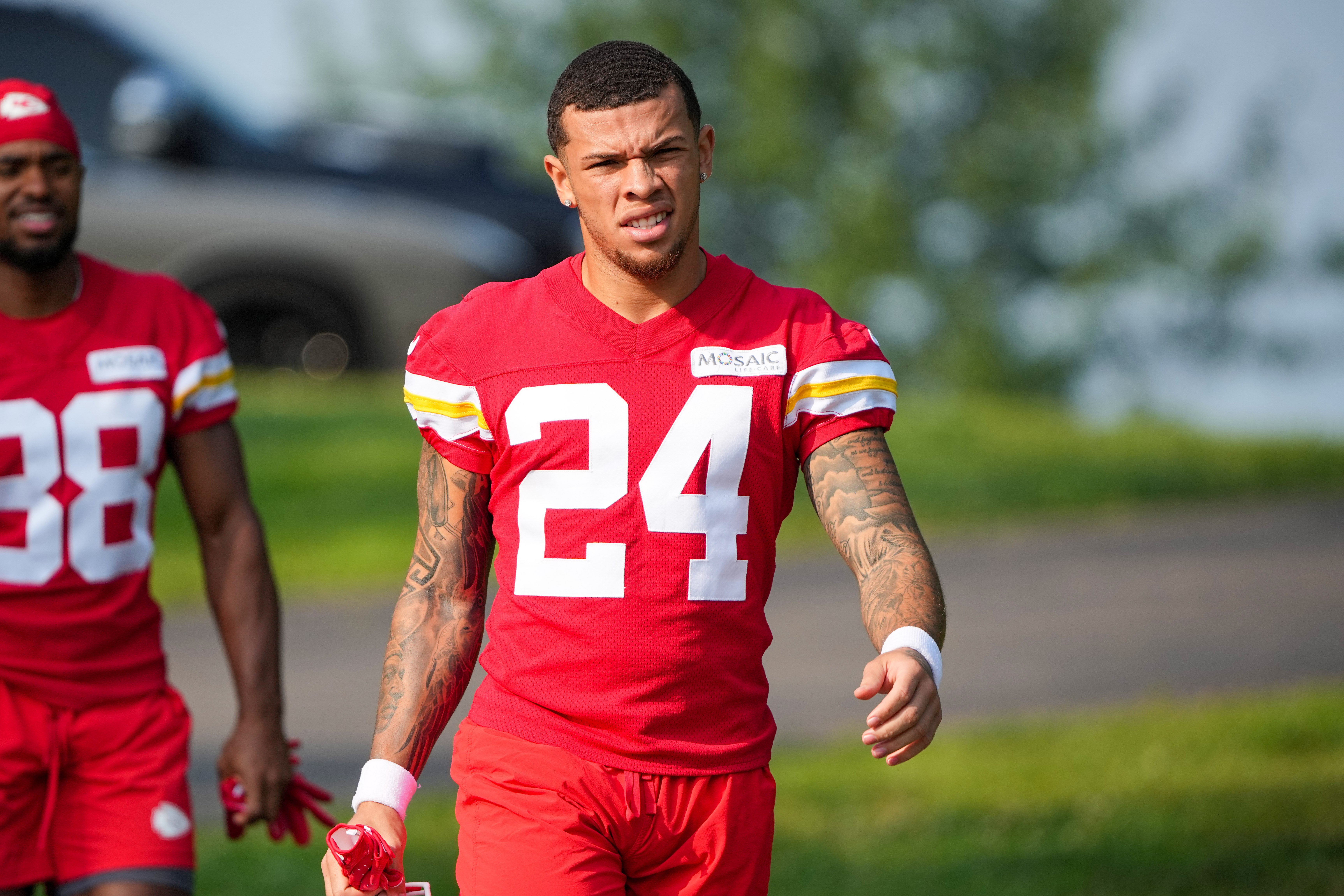 Jul 22, 2024; St. Joseph, MO, USA; Kansas City Chiefs wide receiver Skyy Moore (24) walks down the hill from the locker room to the fields prior to training camp at Missouri Western State University.
