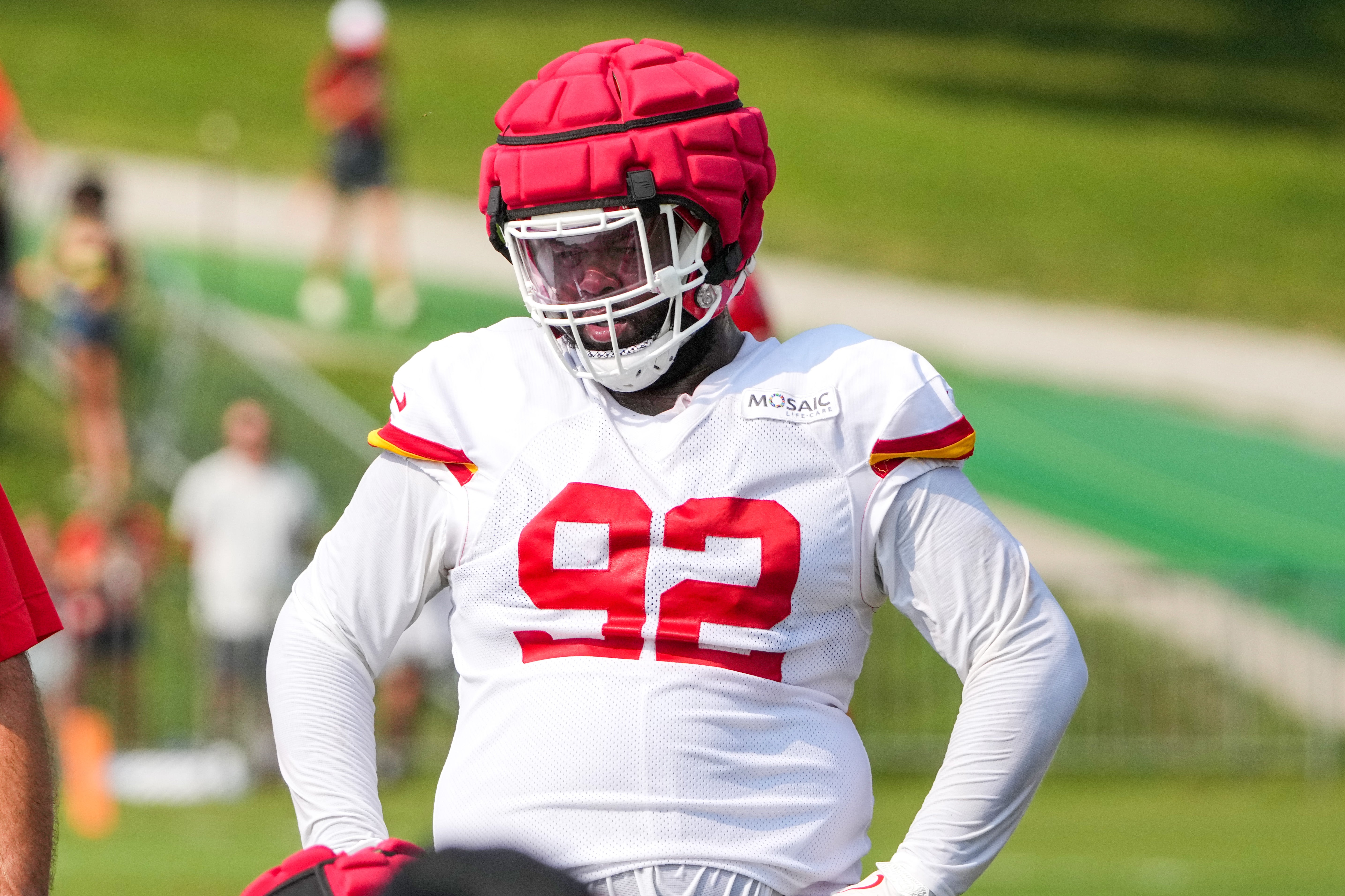 Jul 26, 2024; Kansas City, MO, USA; Kansas City Chiefs defensive end Neil Farrell (92) pauses while running drills during training camp at Missouri Western State University.