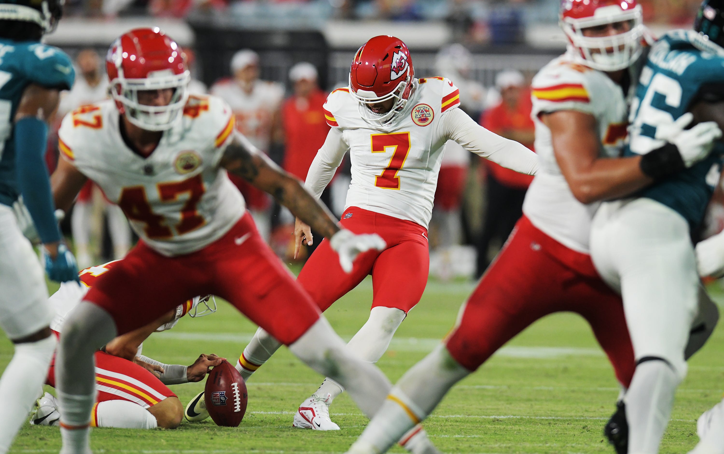 Kansas City Chiefs kicker Harrison Butker (7) gets off a field goal kick early in the fourth quarter. The Jaguars came away with a 26 to 13 victory over the Kansas City Chiefs. The Jacksonville Jaguars hosted the Kansas City Chiefs in the Jaguars first preseason game of the season Saturday, August 10, 2024 at EverBank Stadium in Jacksonville, Fla.