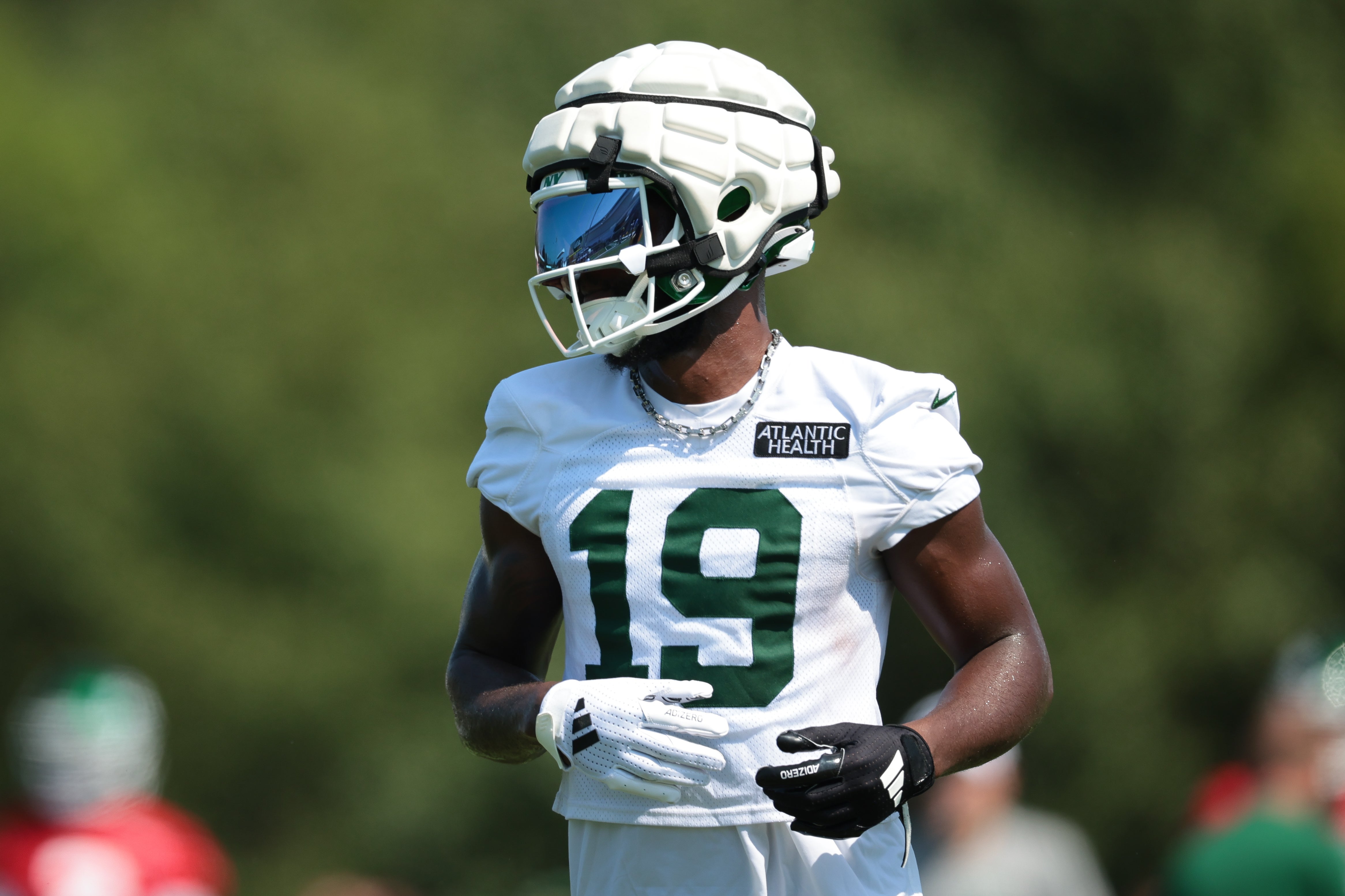 New York Jets wide receiver Irvin Charles (19) participates in drills during training camp at Atlantic Health Jets Training Center.