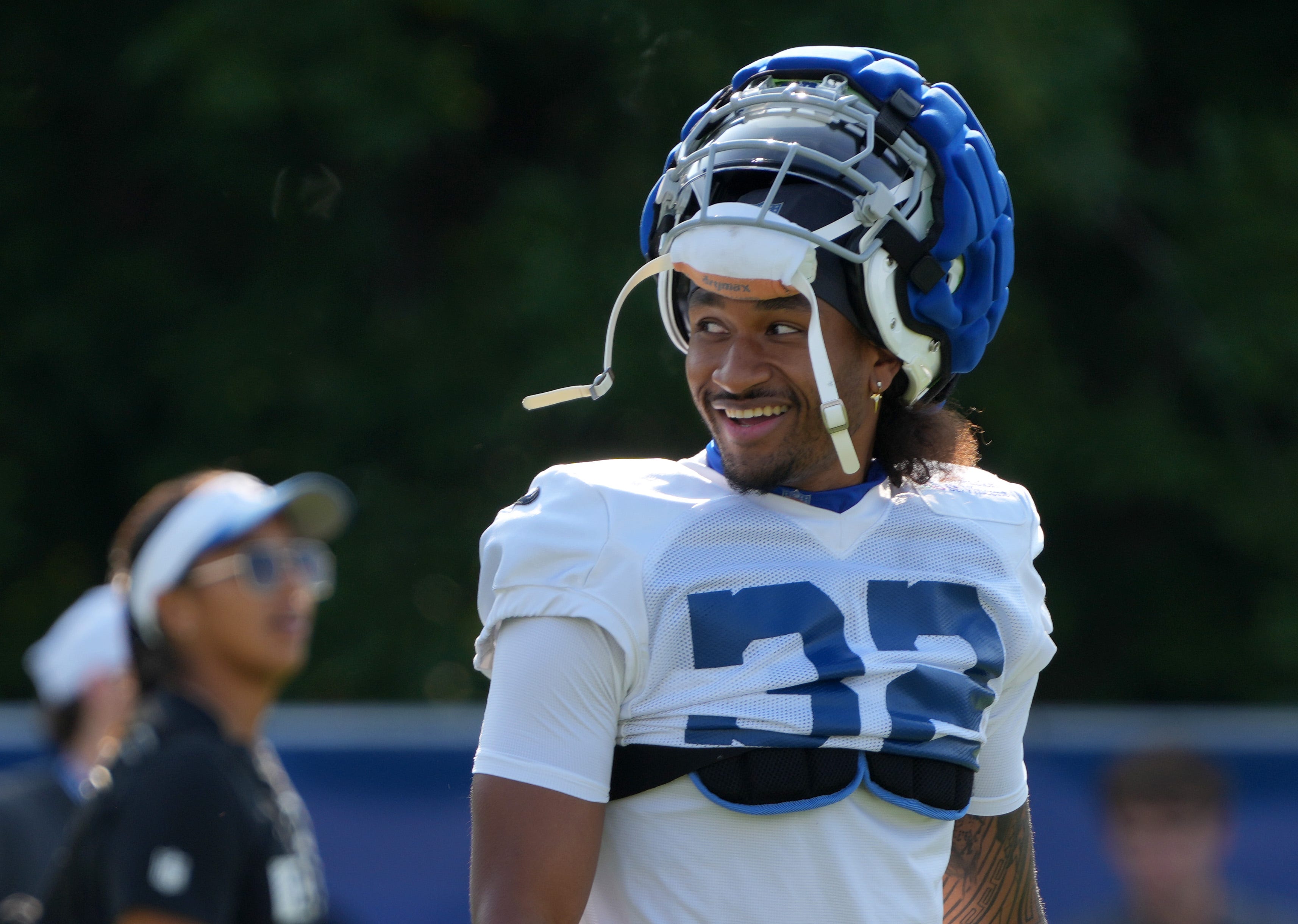 Indianapolis Colts safety Julian Blackmon (32) walks onto the field during the Colts’ training camp on Friday, Aug. 9, 2024, at Grand Park Sports Complex in Westfield.