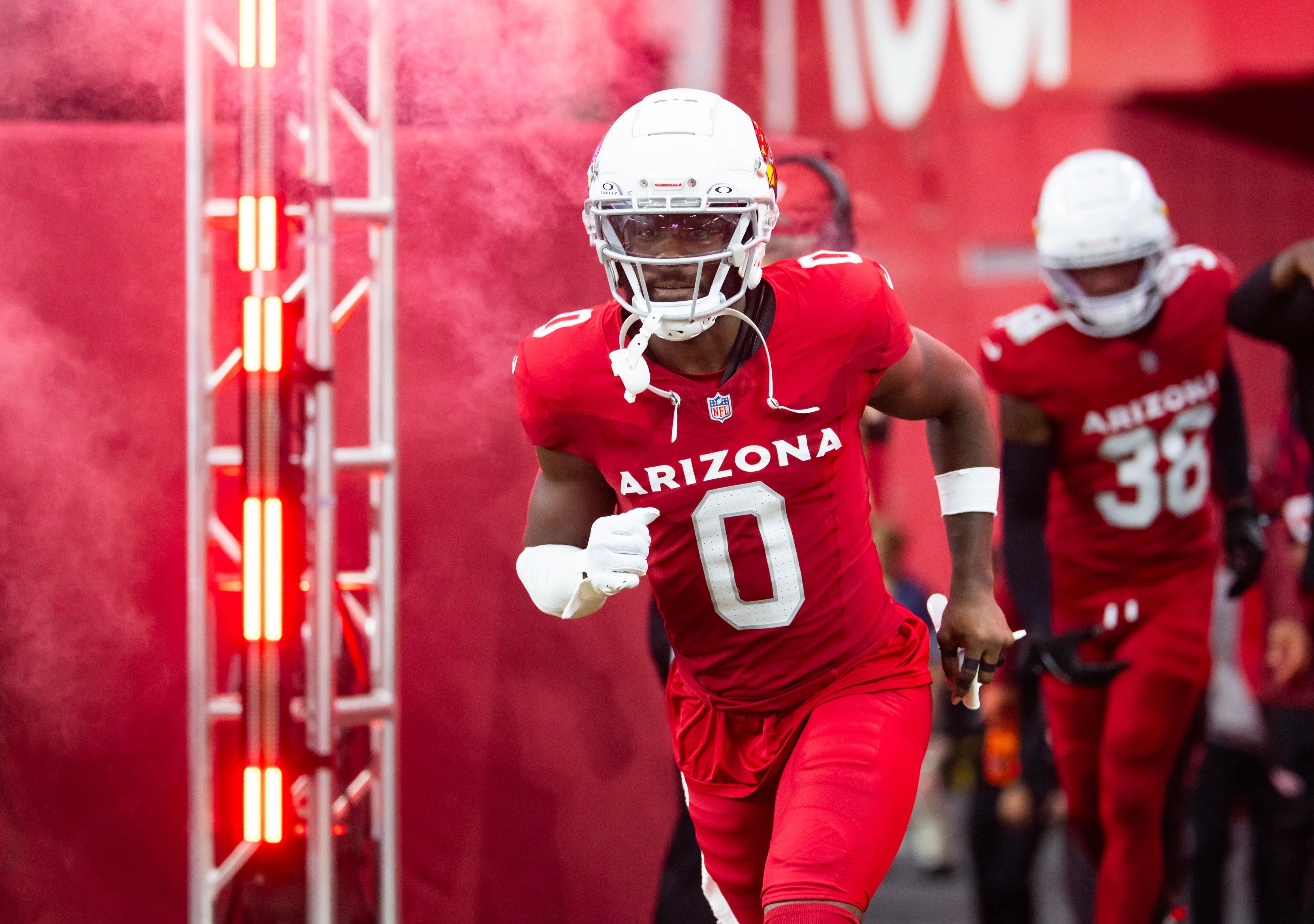Aug 10, 2024; Glendale, Arizona, USA; Arizona Cardinals wide receiver Zach Pascal (0) against the New Orleans Saints during a preseason NFL game at State Farm Stadium.
