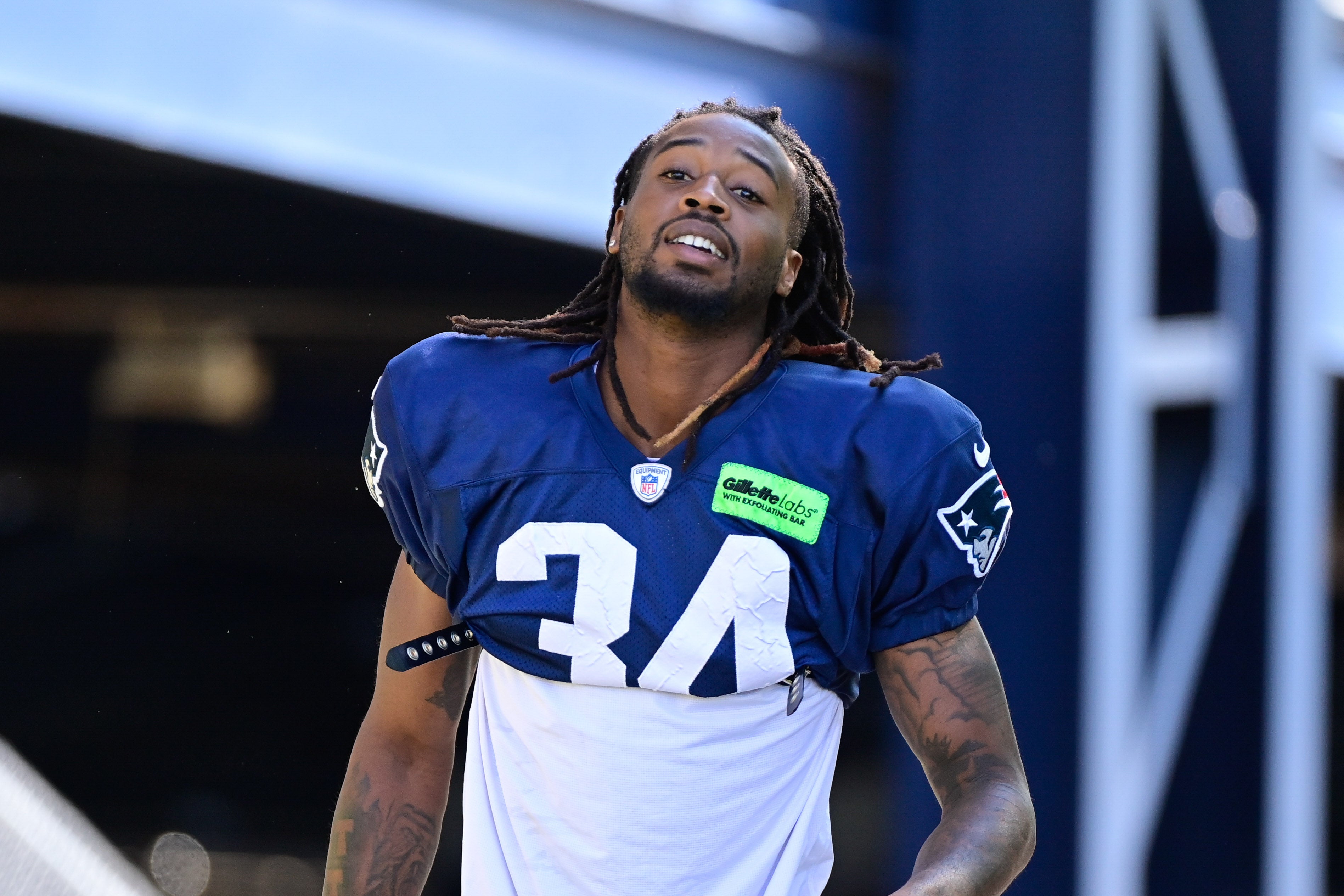 Aug 2, 2023; Foxborough, MA, USA; New England Patriots cornerback Quandre Mosely (34) heads to the practice fields at Gillette Stadium. Mandatory Credit: Eric Canha-USA TODAY Sports