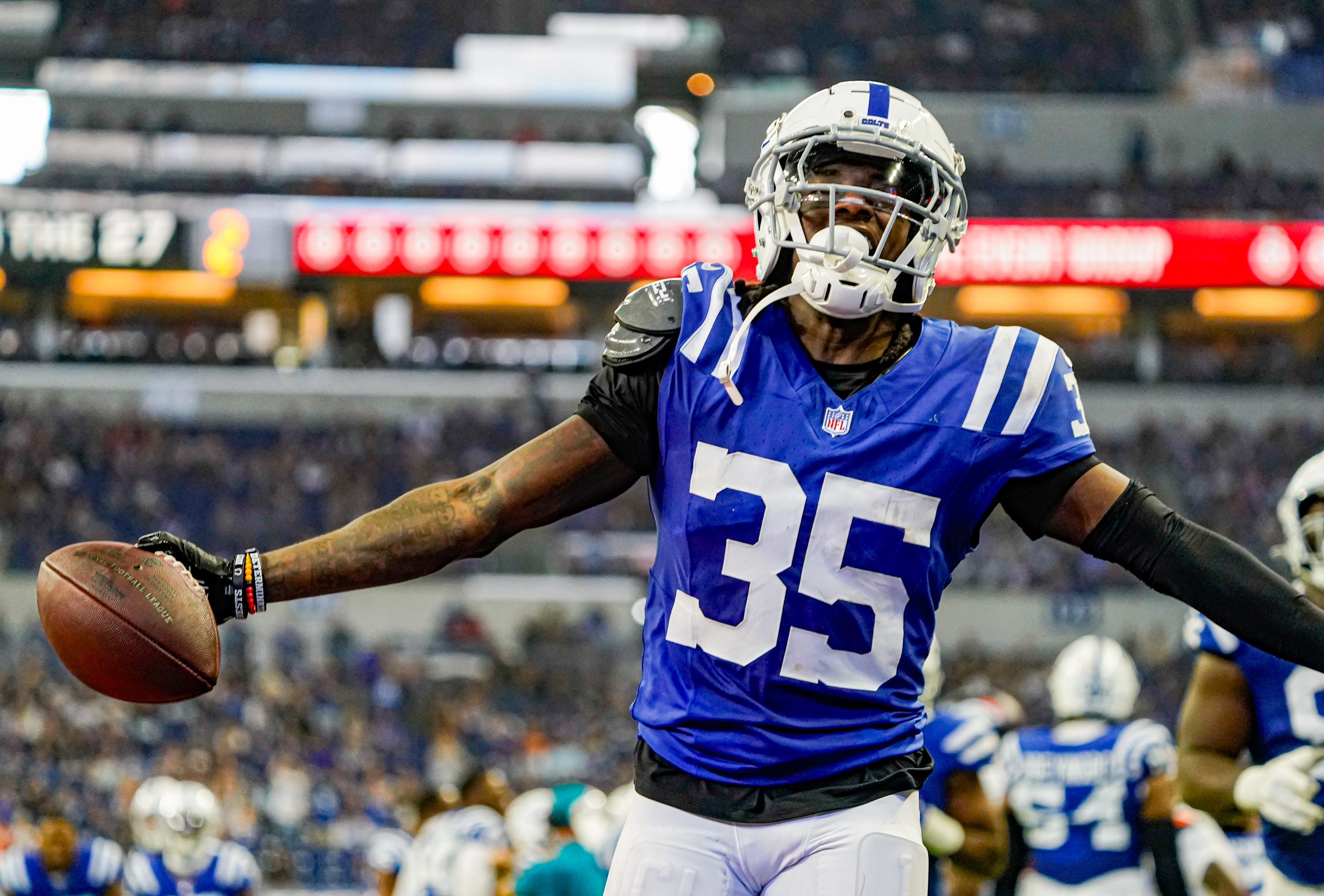 Indianapolis Colts cornerback Chris Lammons (35) celebrates recovering a fumble during a pre-season game between the Indianapolis Colts and the Denver Broncos on Sunday, August. 11, 2024 at Lucas Oil Stadium in Indianapolis.