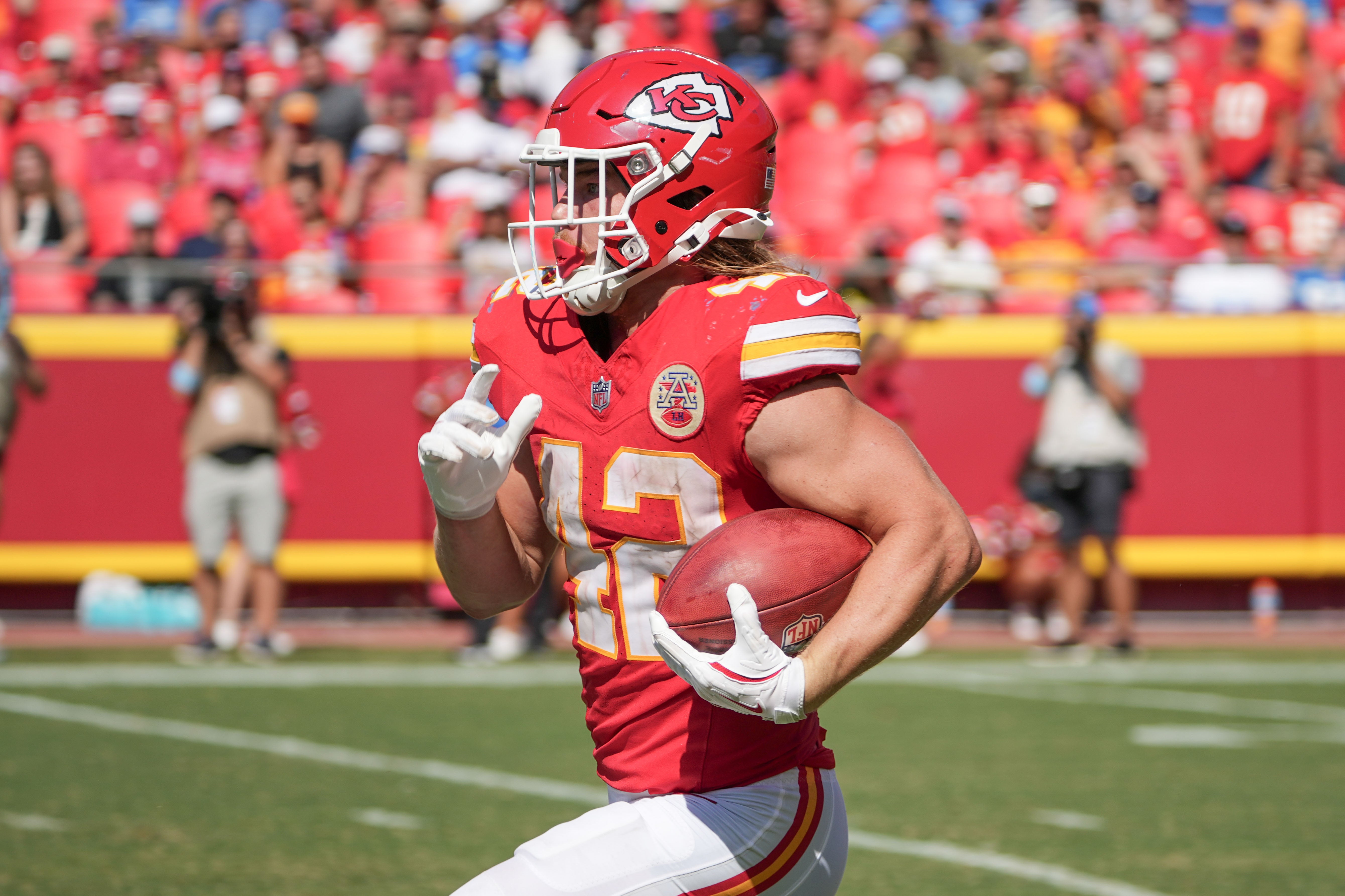 Aug 17, 2024; Kansas City, Missouri, USA; Kansas City Chiefs running back Carson Steele (42) returns a kick against the Detroit Lions during the game at GEHA Field at Arrowhead Stadium.