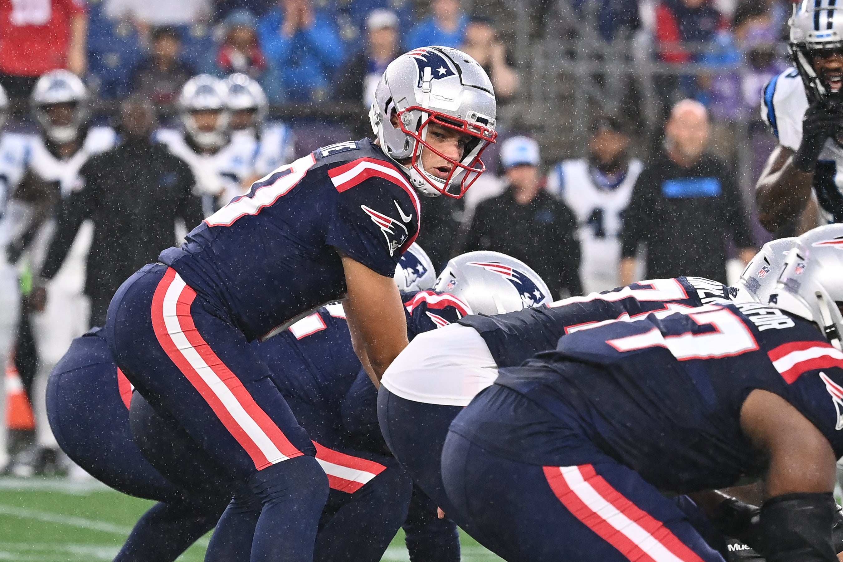 August 8, 2024; Foxborough, MA, USA; New England Patriots quarterback Drake Maye (10) under center during the first half against the Carolina Panthers at Gillette Stadium.