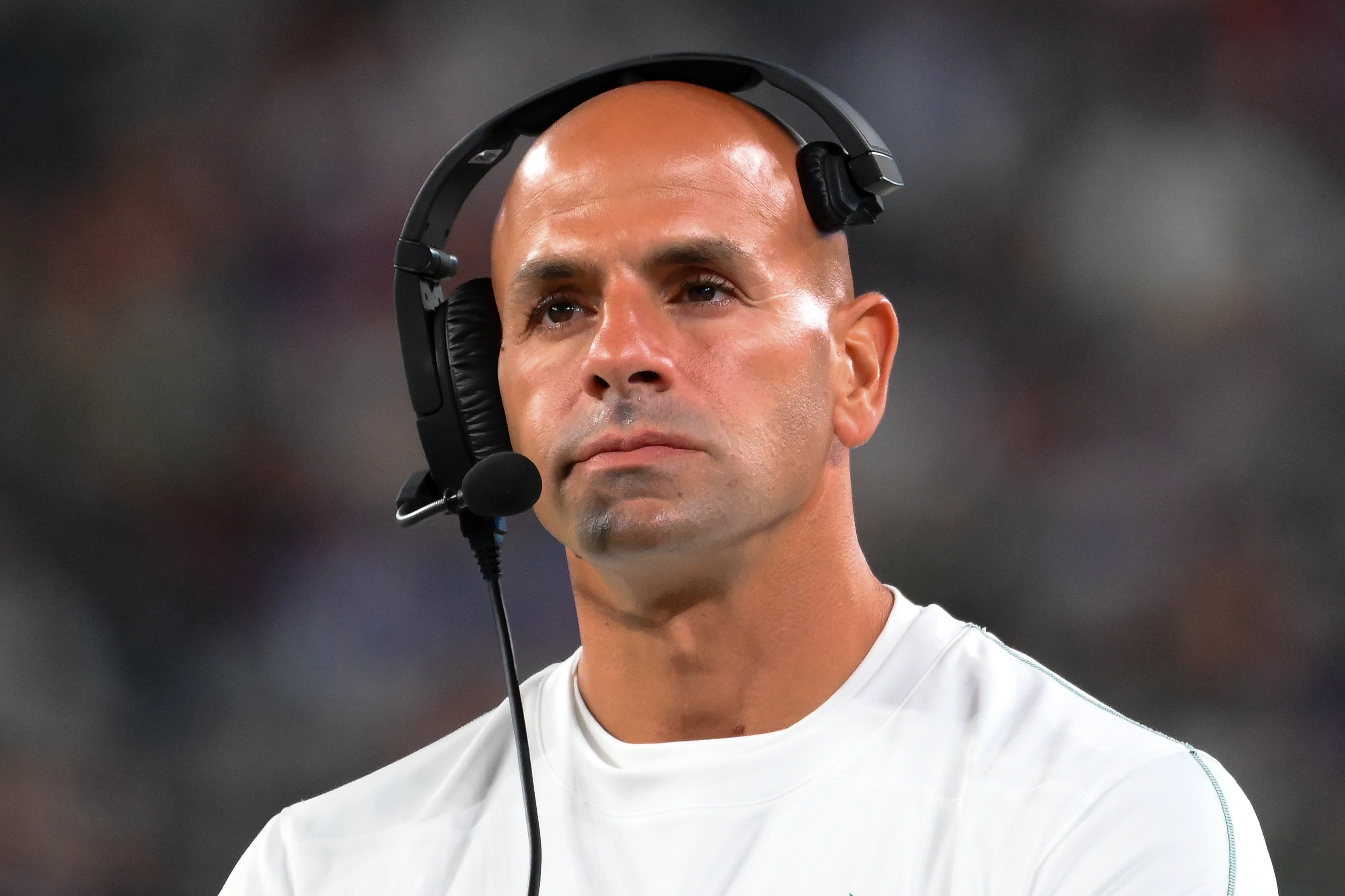 New York Jets head coach Robert Saleh looks on against the New York Giants during the first half at MetLife Stadium.