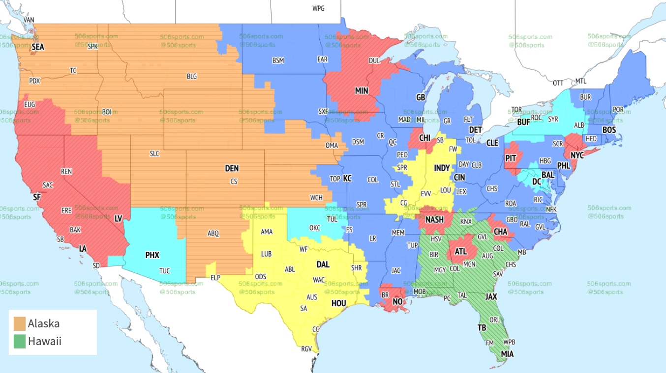 Broadcast Map for NFL games on CBS at 1 p.m. on Sunday