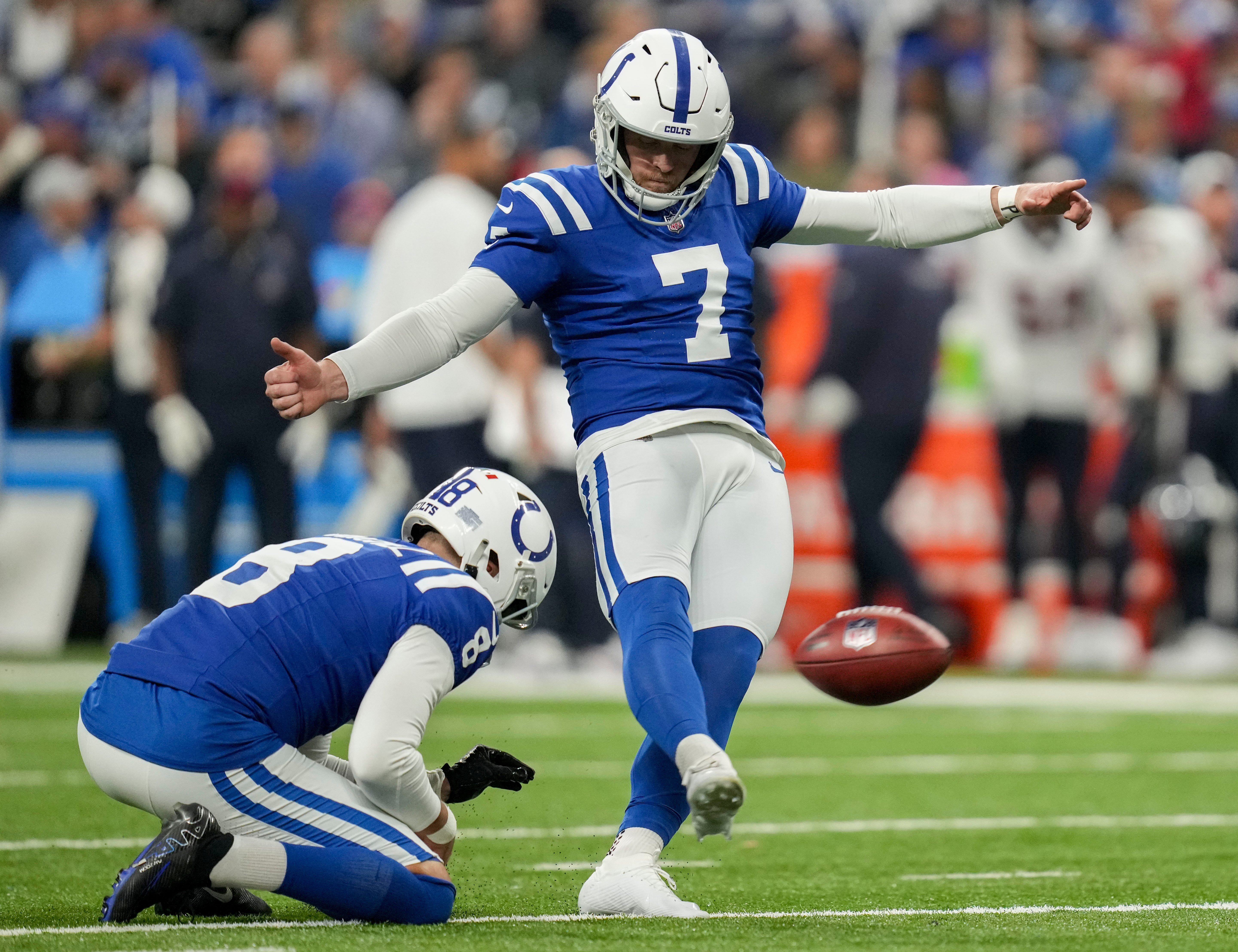 Indianapolis Colts place kicker Matt Gay (7) kicks a field goal Saturday, Jan. 6, 2024, during a game against the Houston Texans at Lucas Oil Stadium in Indianapolis.