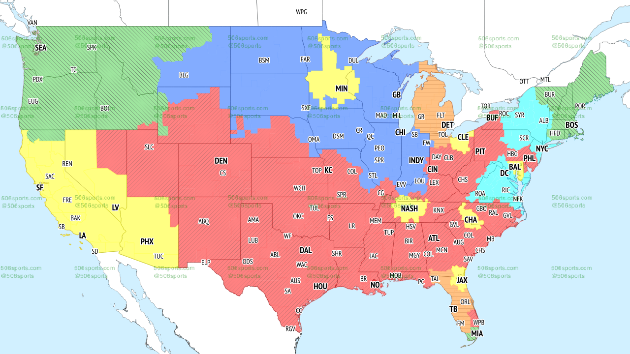 Saints @ Cowboys (red) broadcast coverage map, Week 2