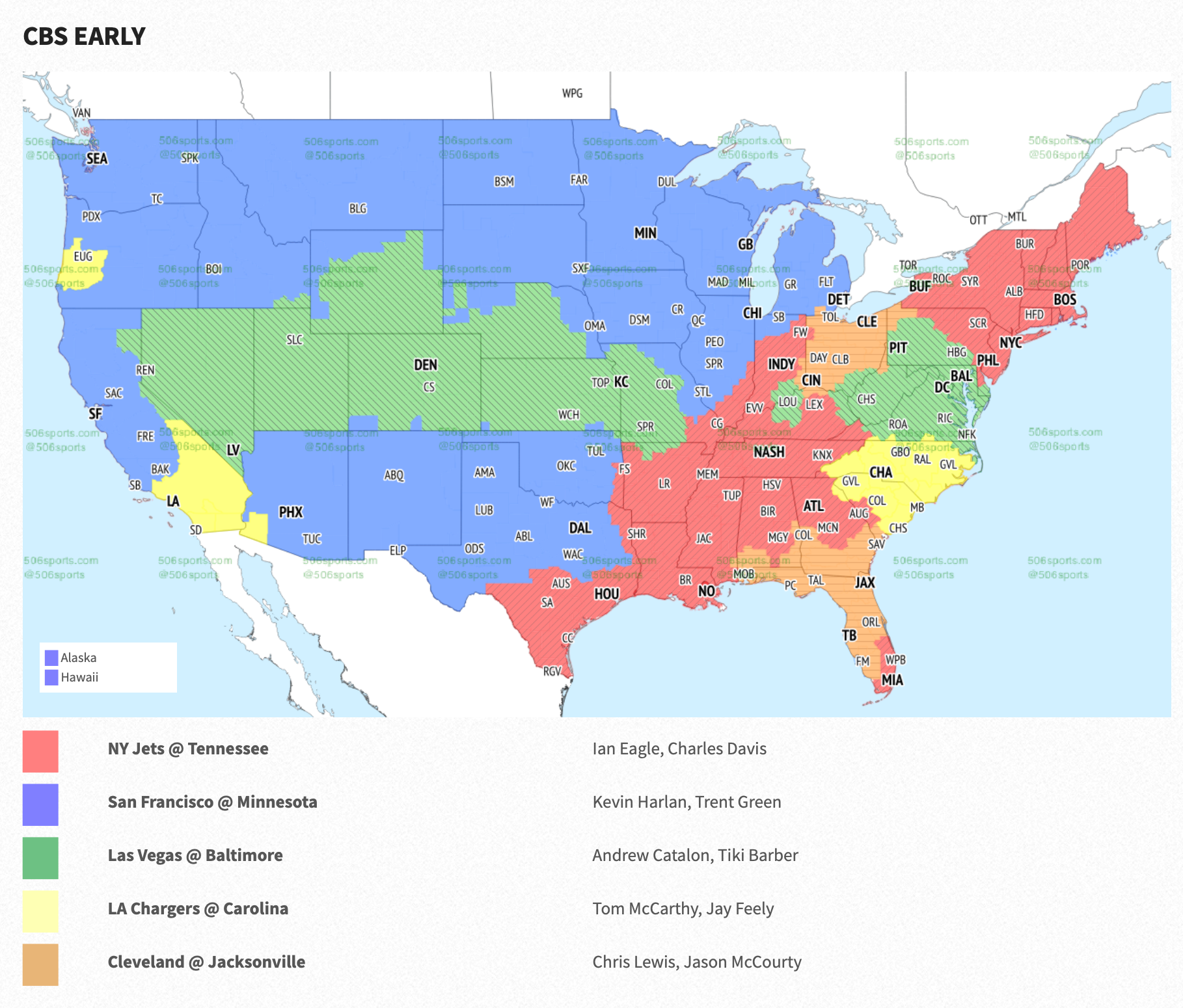 CBS Early broadcast map for Week 2