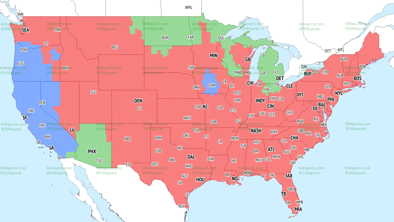 Baltimore Ravens @ Dallas Cowboys broadcast map (red).