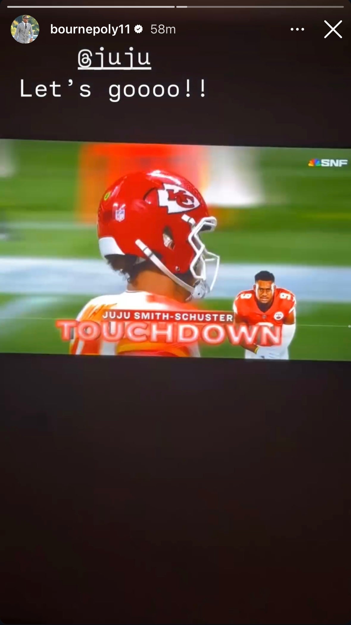 Patriots WR Kendrick Bourne reacts to his former teammate JuJu Smith-Schuster's touchdown in a Sunday Night Football game between the Chiefs-Falcons.