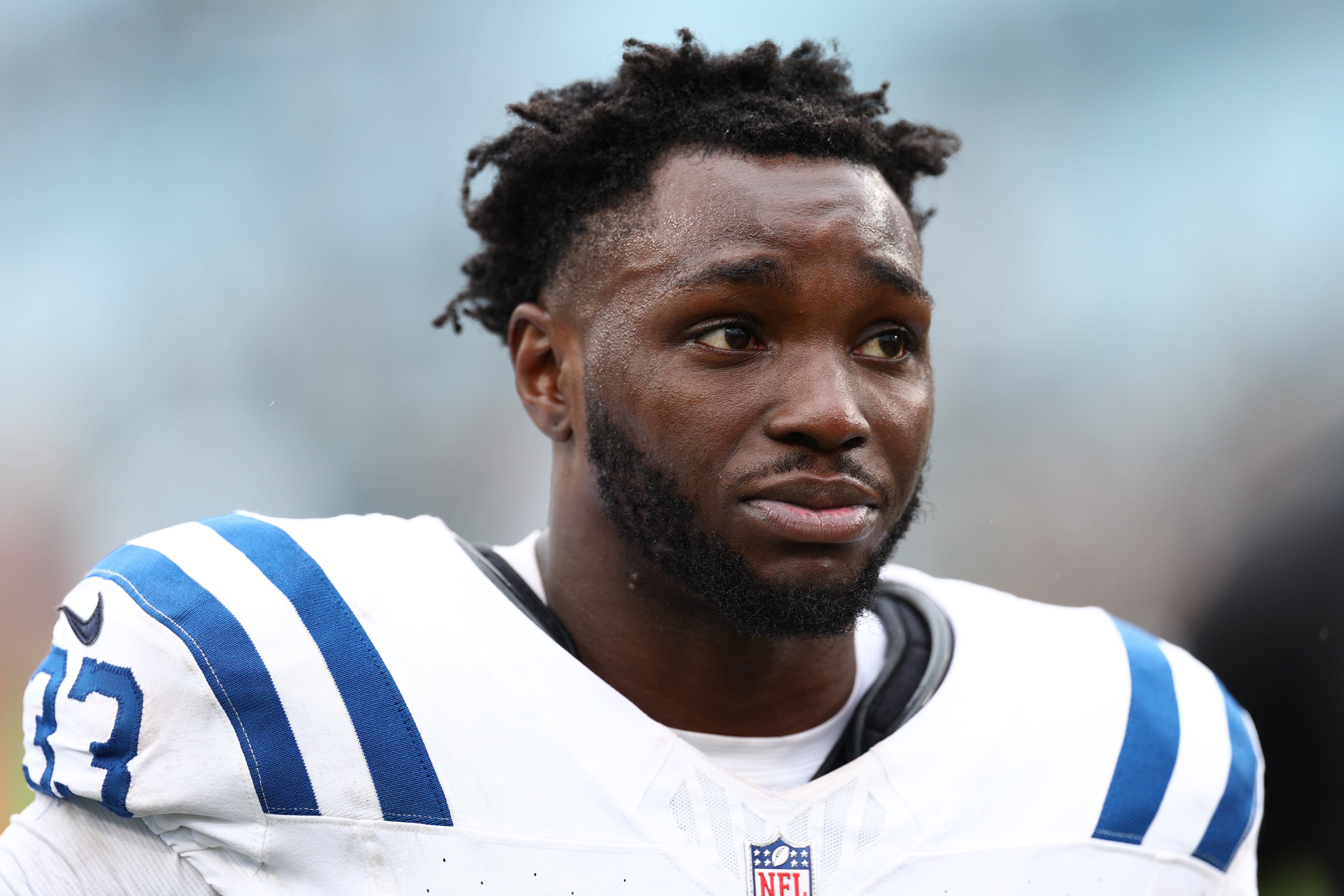 Oct 6, 2024; Jacksonville, Florida, USA; Indianapolis Colts cornerback Samuel Womack III (33) looks on after a game against the Jacksonville Jaguars at EverBank Stadium.
