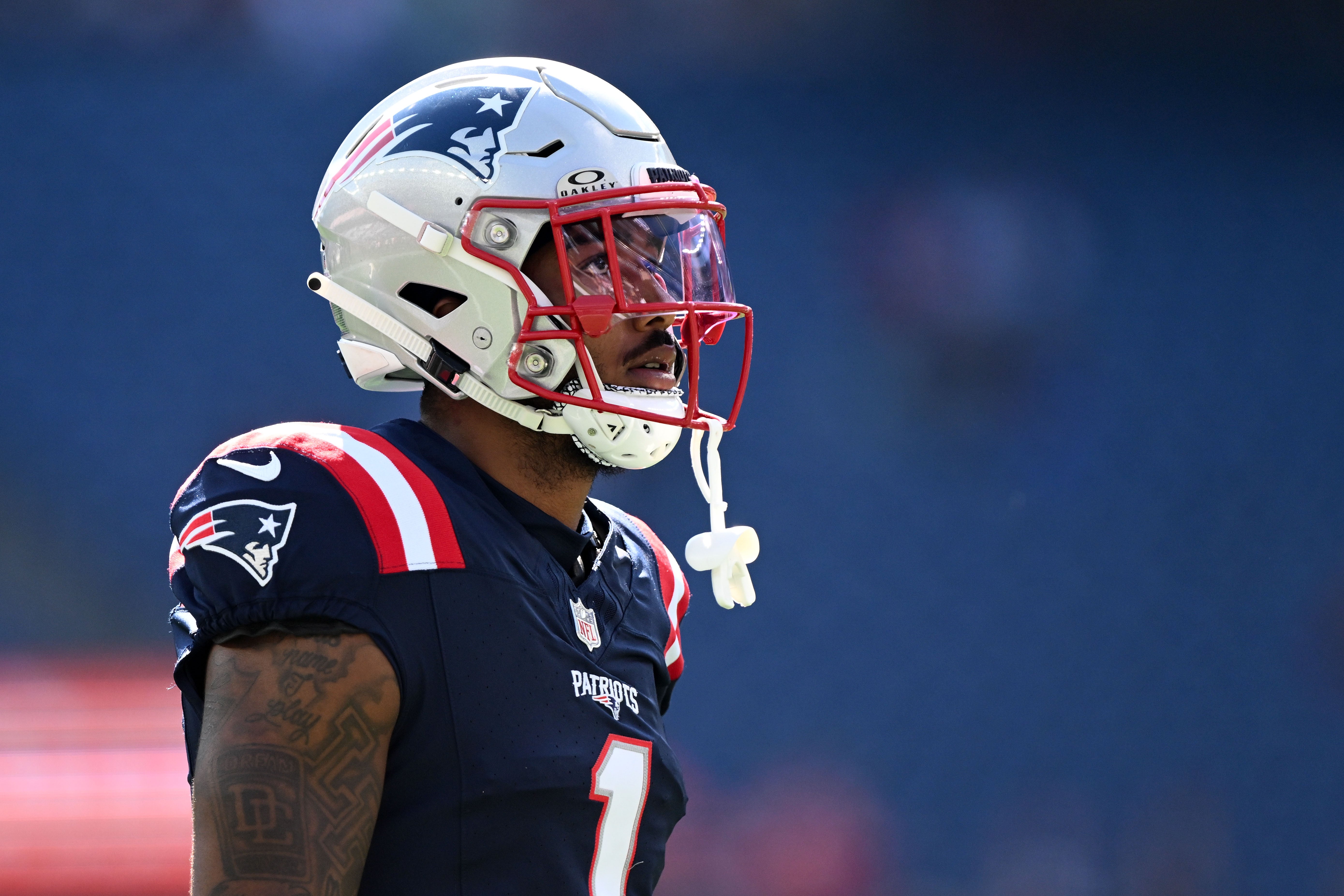 Oct 6, 2024; Foxborough, Massachusetts, USA; New England Patriots wide receiver Ja'Lynn Polk (1) walks onto the field before a game against the Miami Dolphins at Gillette Stadium.