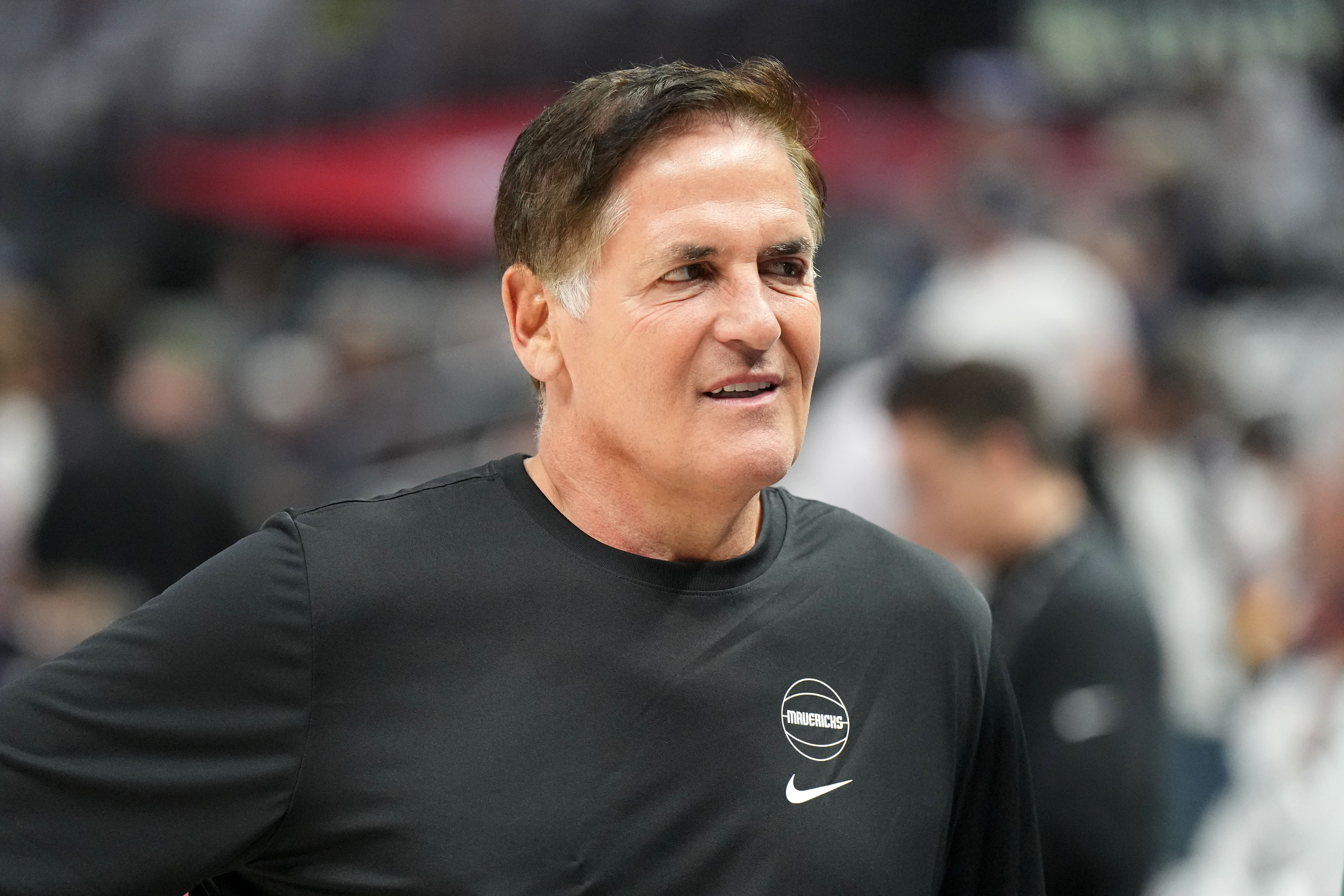 May 1, 2024; Los Angeles, California, USA; Dallas Mavericks owner Mark Cuban reacts during game five of the first round for the 2024 NBA playoffs against the LA Clippers at Crypto.com Arena.