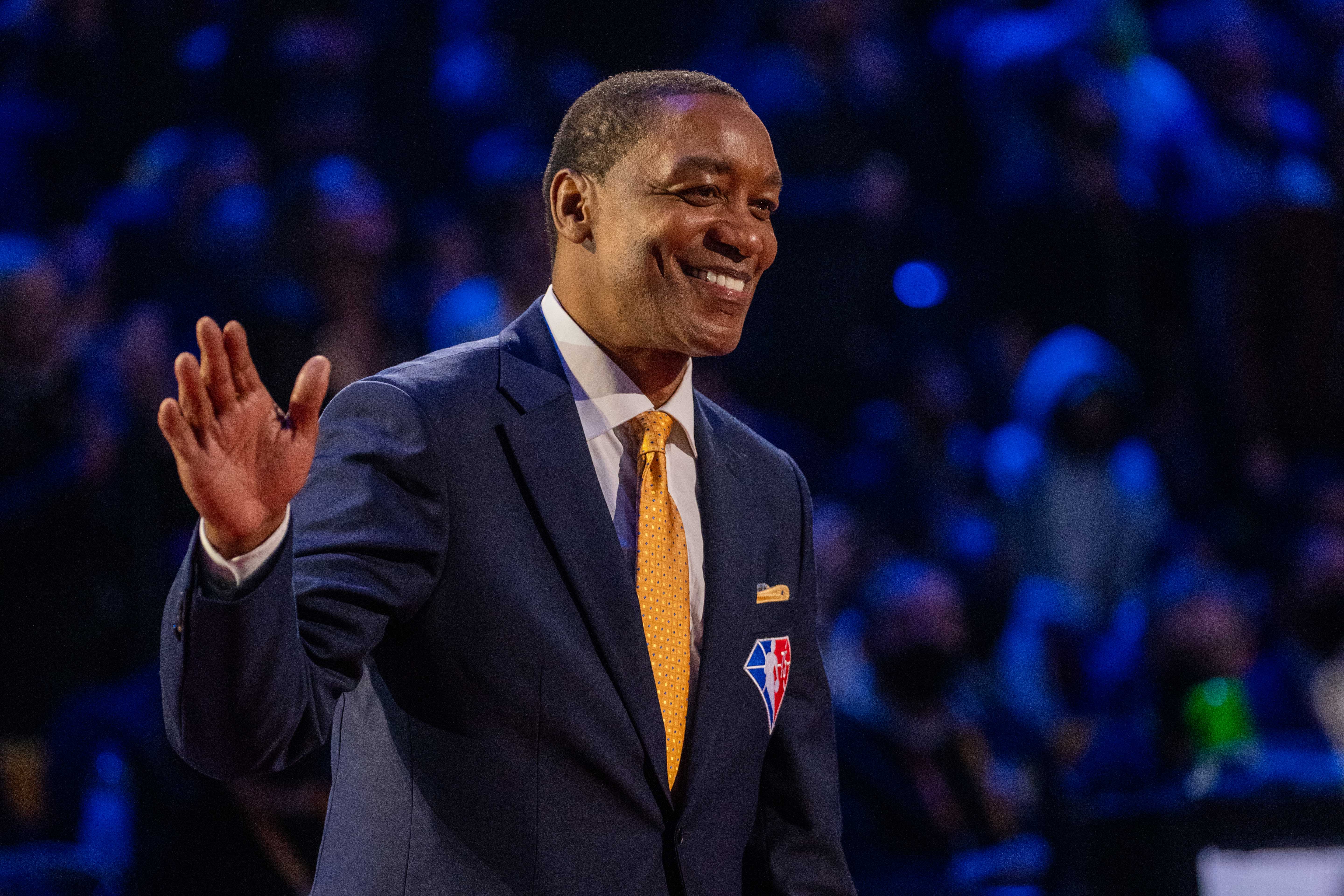 February 20, 2022; Cleveland, Ohio, USA; NBA great Isiah Thomas is honored for being selected to the NBA 75th Anniversary Team during halftime in the 2022 NBA All-Star Game at Rocket Mortgage FieldHouse.
